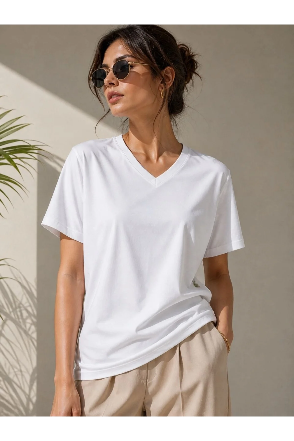 Kadın V Yaka Basic Tişört Kısa Kol Yazlık Regular Fit T-Shirt - Beyaz