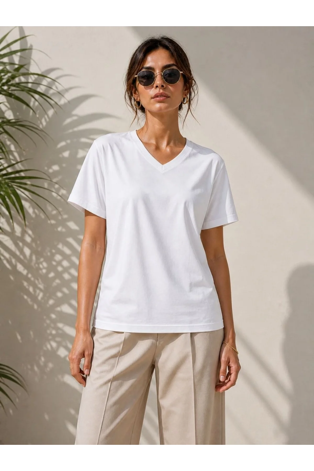 Kadın V Yaka Basic Tişört Kısa Kol Yazlık Regular Fit T-Shirt - Beyaz