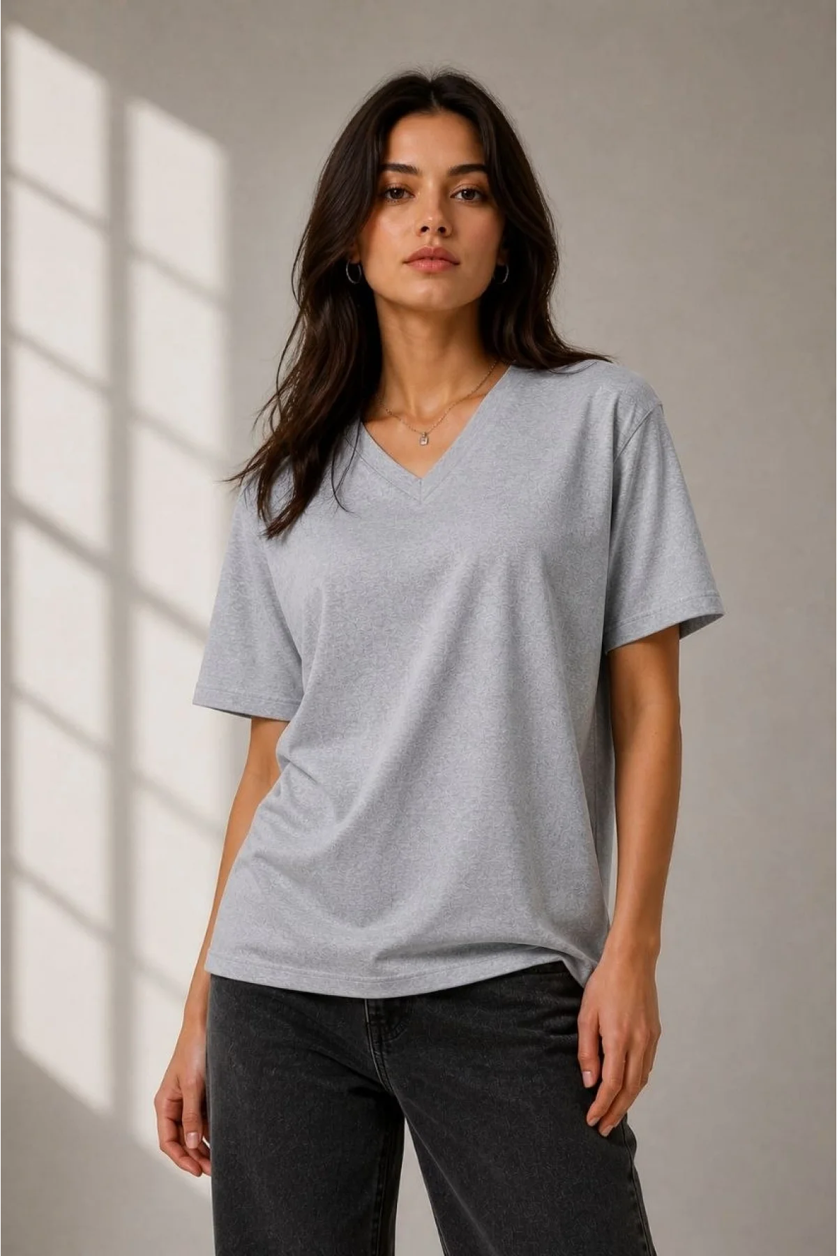 Kadın V Yaka Basic Tişört Kısa Kol Yazlık Regular Fit T-Shirt - Gri