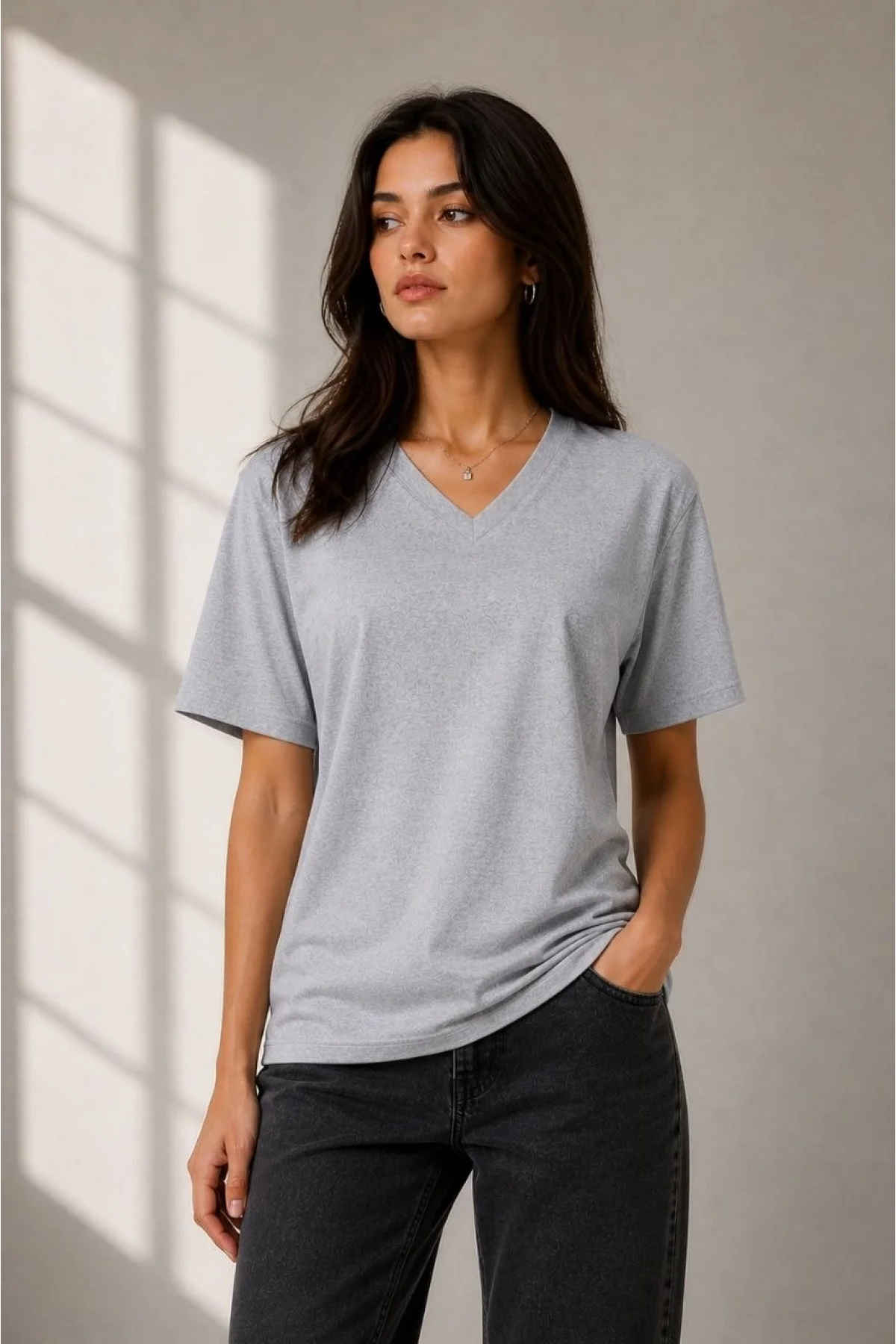 Kadın V Yaka Basic Tişört Kısa Kol Yazlık Regular Fit T-Shirt - Gri