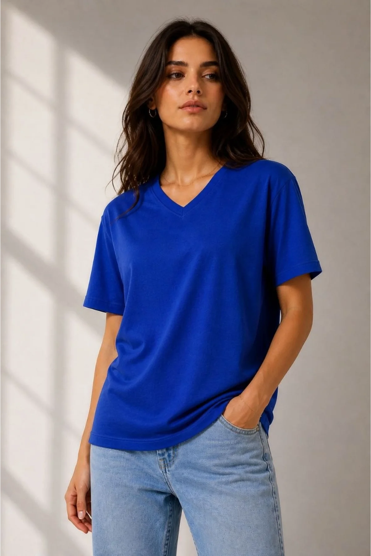 Kadın V Yaka Basic Tişört Kısa Kol Yazlık Regular Fit T-Shirt - Saks Mavisi