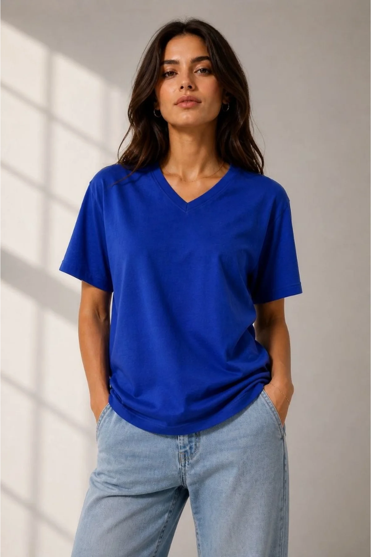 Kadın V Yaka Basic Tişört Kısa Kol Yazlık Regular Fit T-Shirt - Saks Mavisi