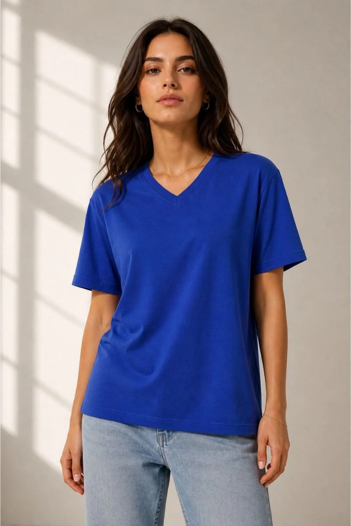 Kadın V Yaka Basic Tişört Kısa Kol Yazlık Regular Fit T-Shirt - Saks Mavisi