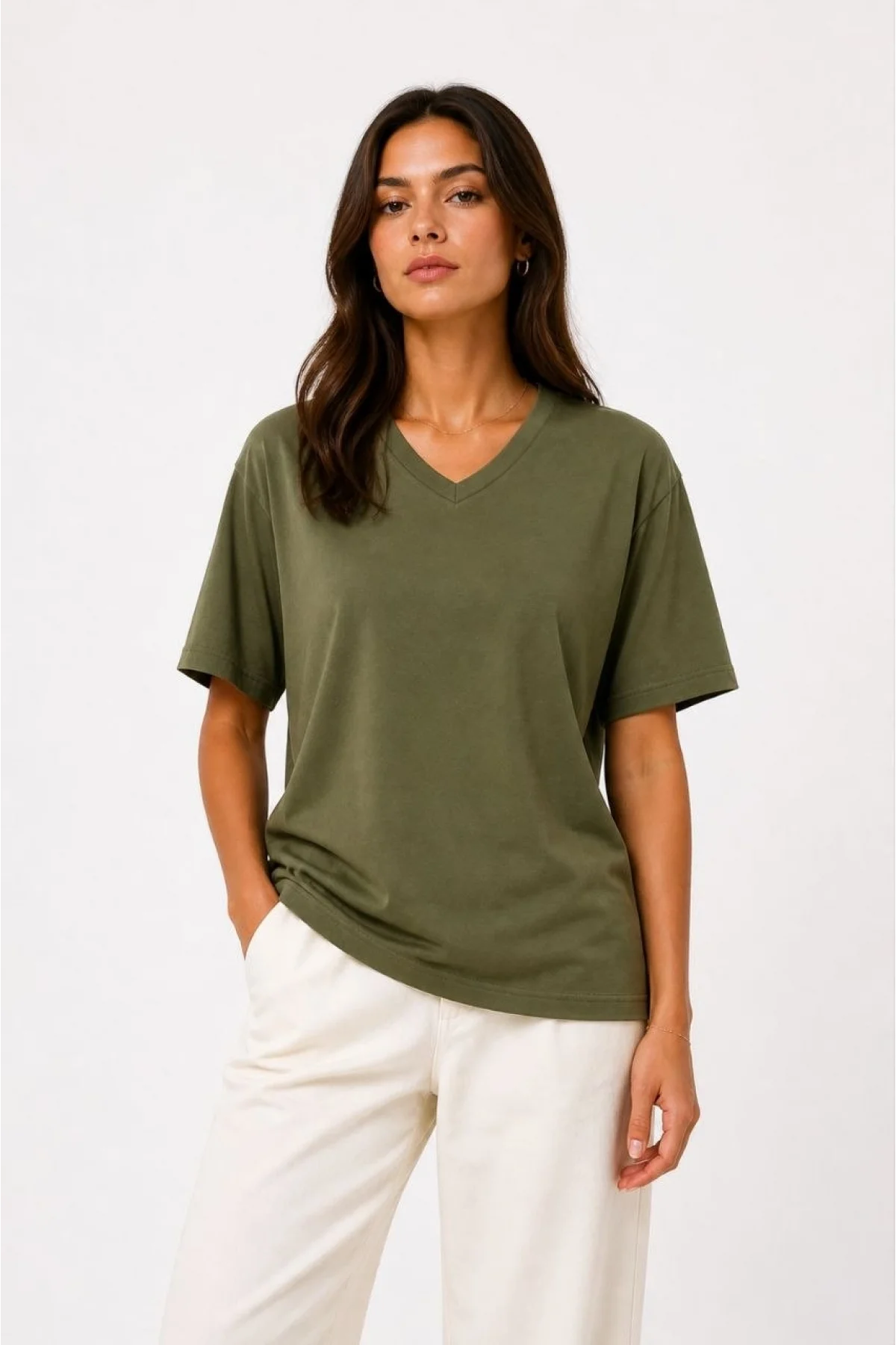 Kadın V Yaka Basic Tişört Kısa Kol Yazlık Regular Fit T-Shirt - Haki
