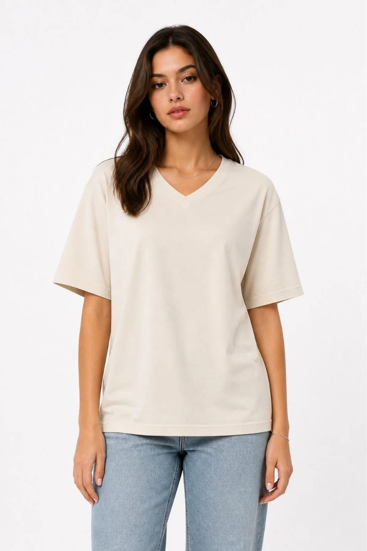 Kadın V Yaka Basic Tişört Kısa Kol Yazlık Regular Fit T-Shirt - Bej
