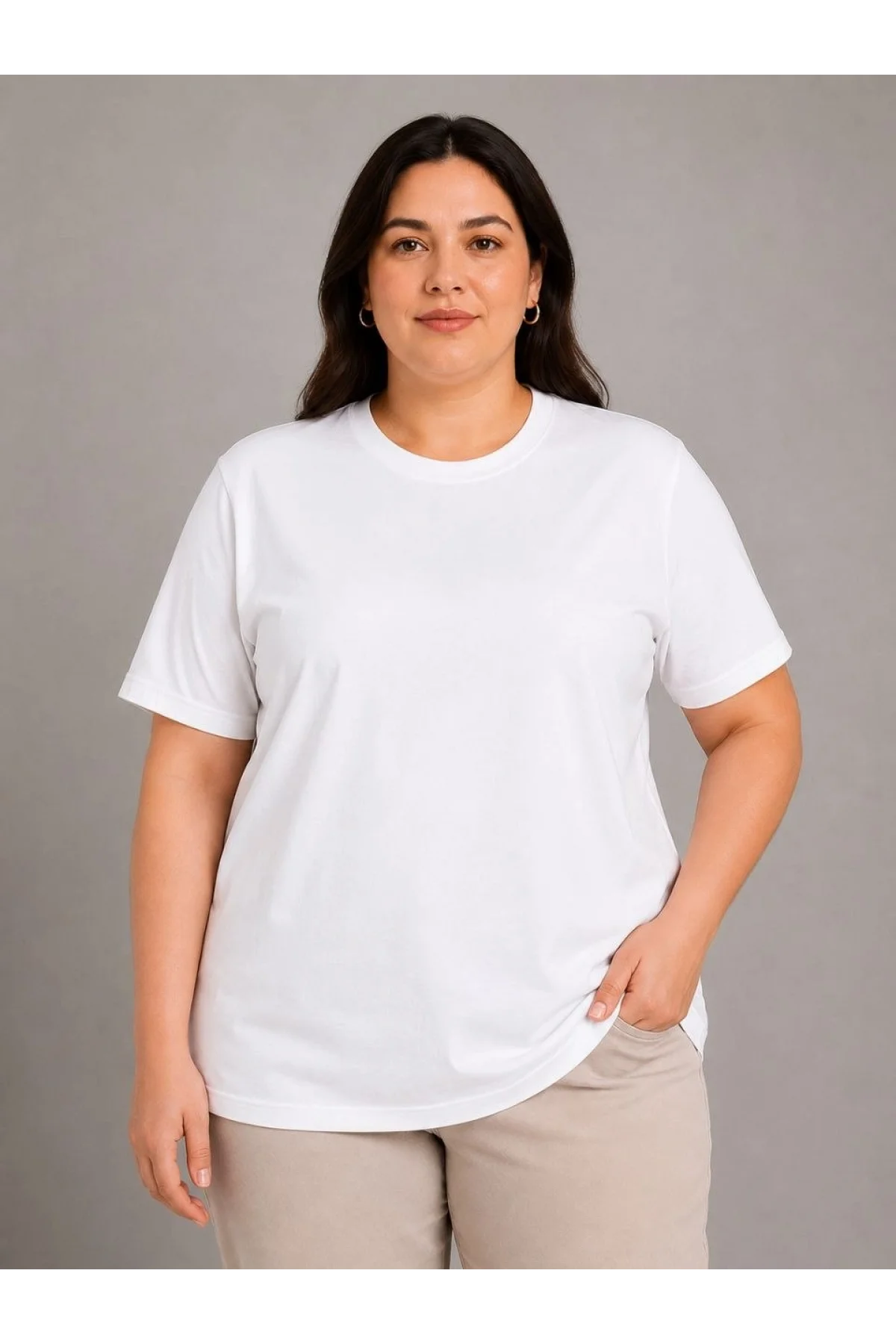 Kadın Battal Big Size Basic Tişört Bisiklet Yaka Rahat Kalıp T-Shirt - Beyaz