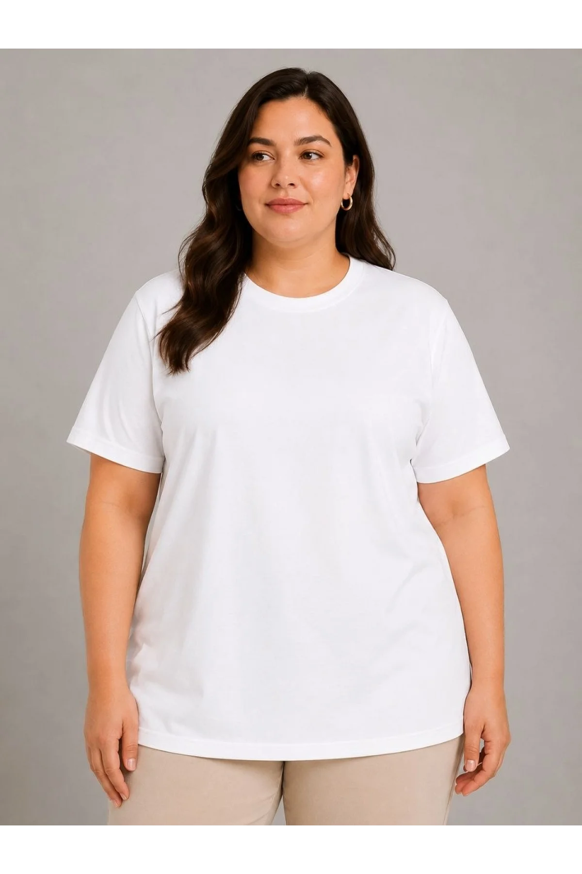 Kadın Battal Big Size Basic Tişört Bisiklet Yaka Rahat Kalıp T-Shirt - Beyaz