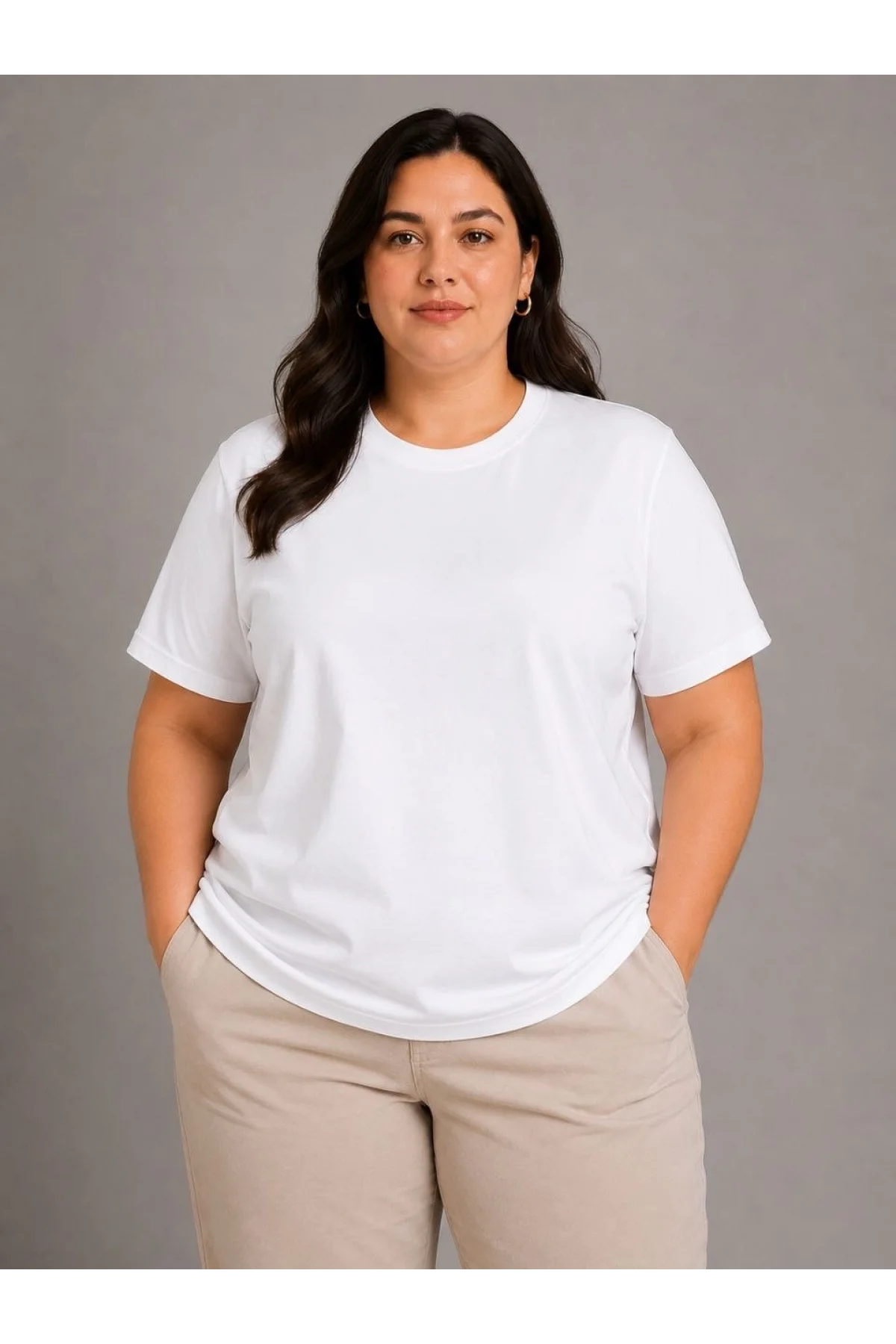 Kadın Battal Big Size Basic Tişört Bisiklet Yaka Rahat Kalıp T-Shirt - Beyaz