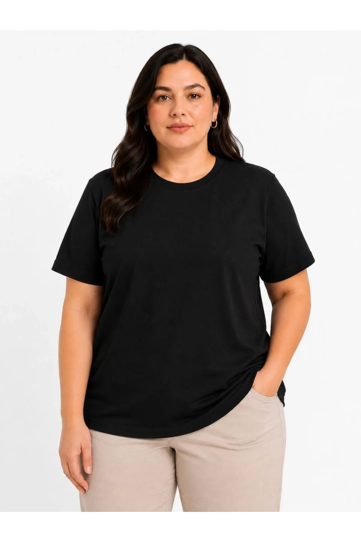 Kadın Battal Big Size Basic Tişört Bisiklet Yaka Rahat Kalıp T-Shirt - Siyah