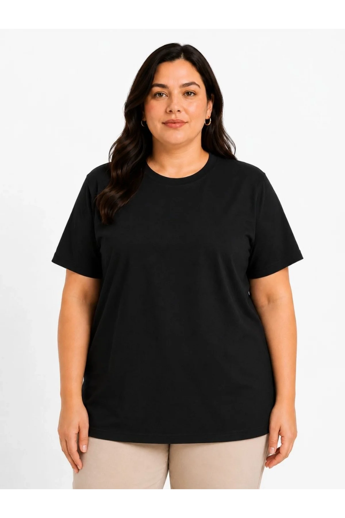 Kadın Battal Big Size Basic Tişört Bisiklet Yaka Rahat Kalıp T-Shirt - Siyah
