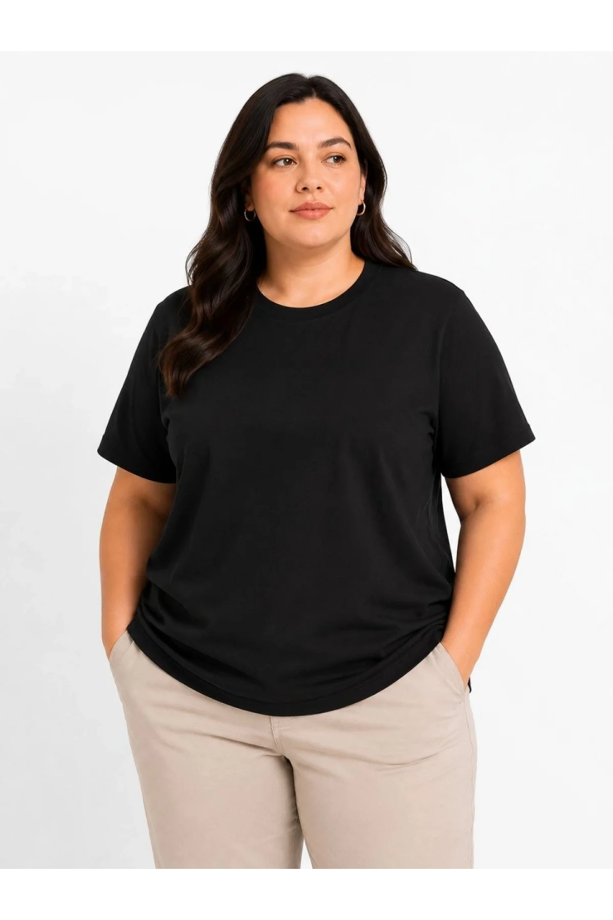 Kadın Battal Big Size Basic Tişört Bisiklet Yaka Rahat Kalıp T-Shirt - Siyah
