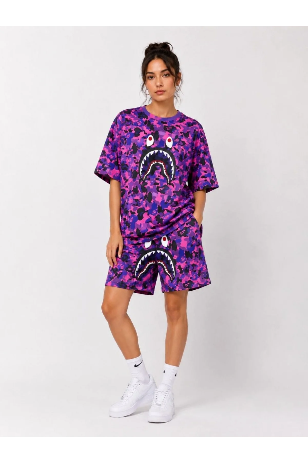 Kadın Oversize Kalıp Pubg Bape X Shark Nakışlı Cepli Şort Takım - Mor