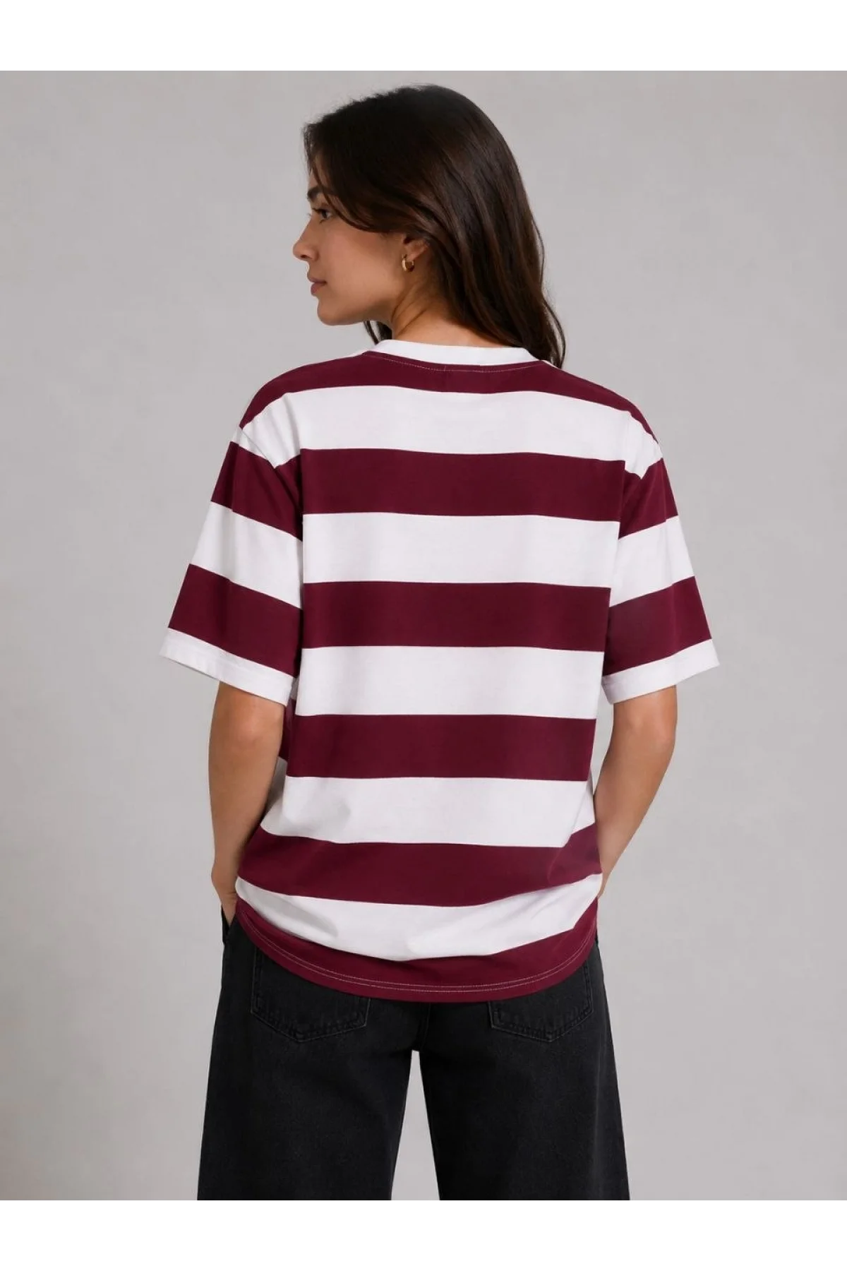 Kadın Çizgili Oversize Tişört Bisiklet Yaka Kısa Kol Yazlık T-Shirt - Bordo