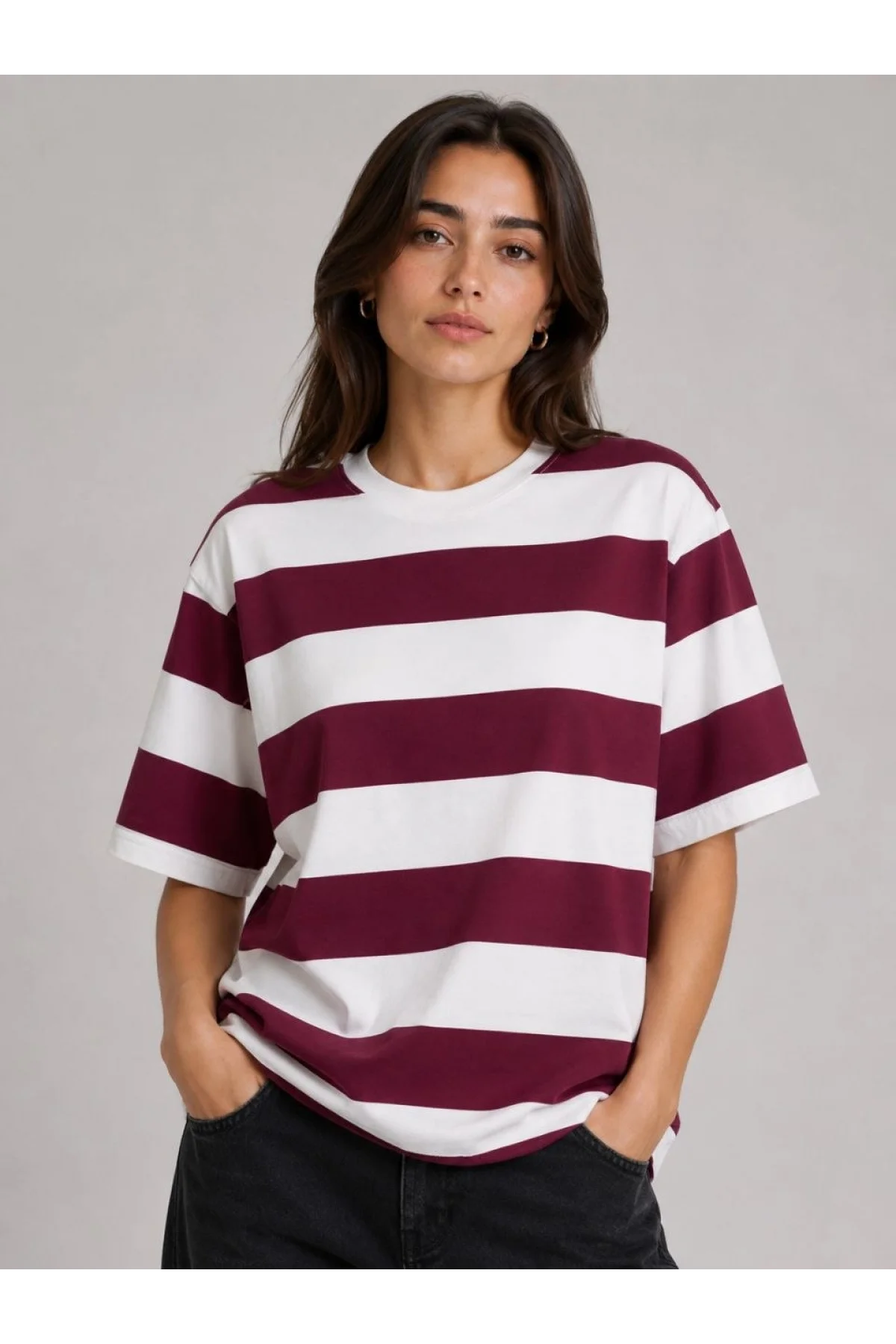 Kadın Çizgili Oversize Tişört Bisiklet Yaka Kısa Kol Yazlık T-Shirt - Bordo