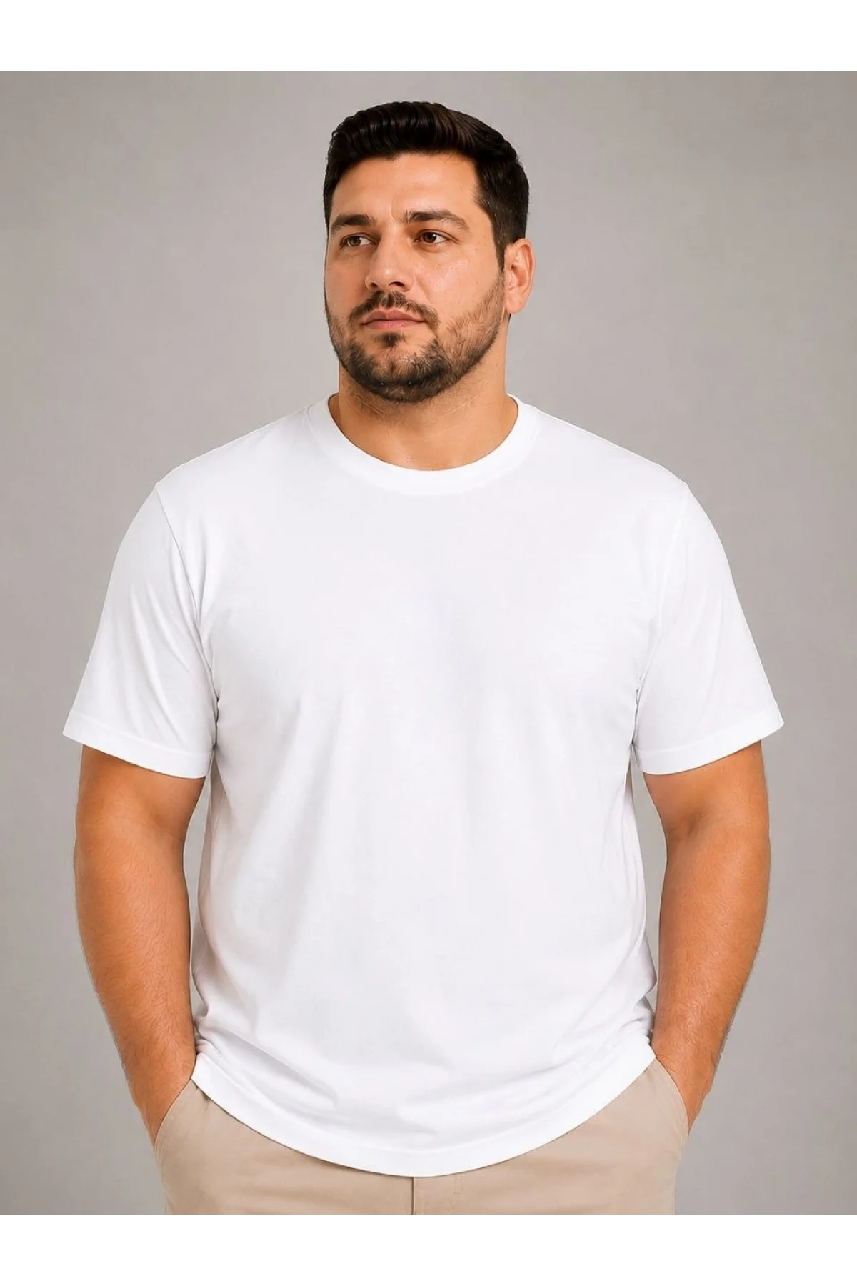 Erkek Battal Big Size Basic Tişört Bisiklet Yaka Rahat Kalıp T-Shirt - Beyaz