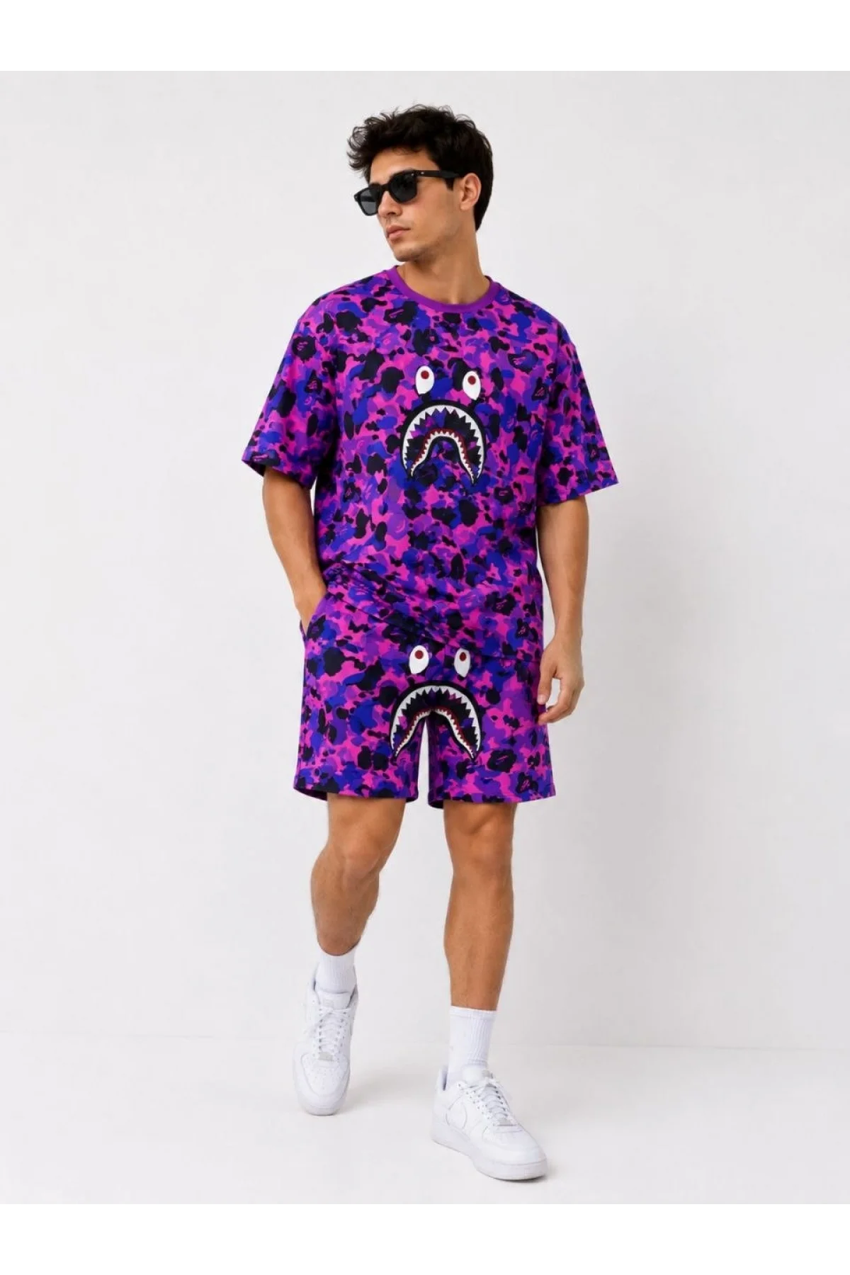 Erkek Oversize Kalıp Pubg Bape X Shark Nakışlı Cepli Şort Takım - Mor