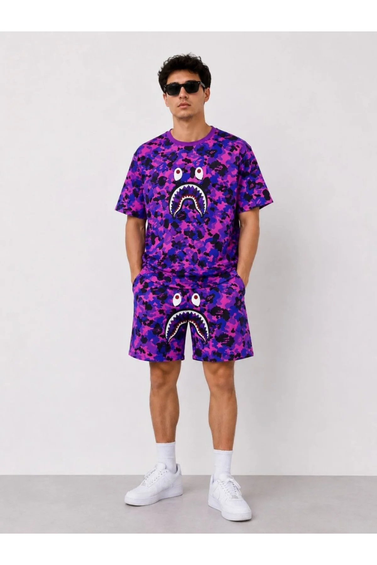 Erkek Oversize Kalıp Pubg Bape X Shark Nakışlı Cepli Şort Takım - Mor