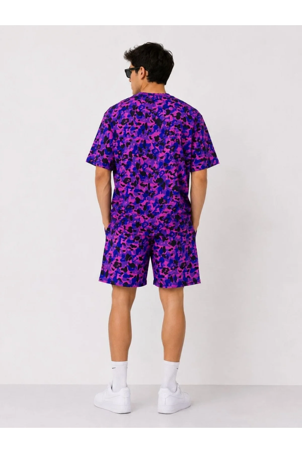 Erkek Oversize Kalıp Pubg Bape X Shark Nakışlı Cepli Şort Takım - Mor