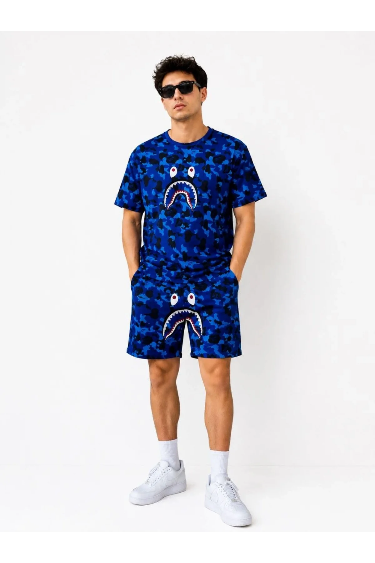 Erkek Oversize Kalıp Pubg Bape X Shark Nakışlı Cepli Şort Takım - Mavi