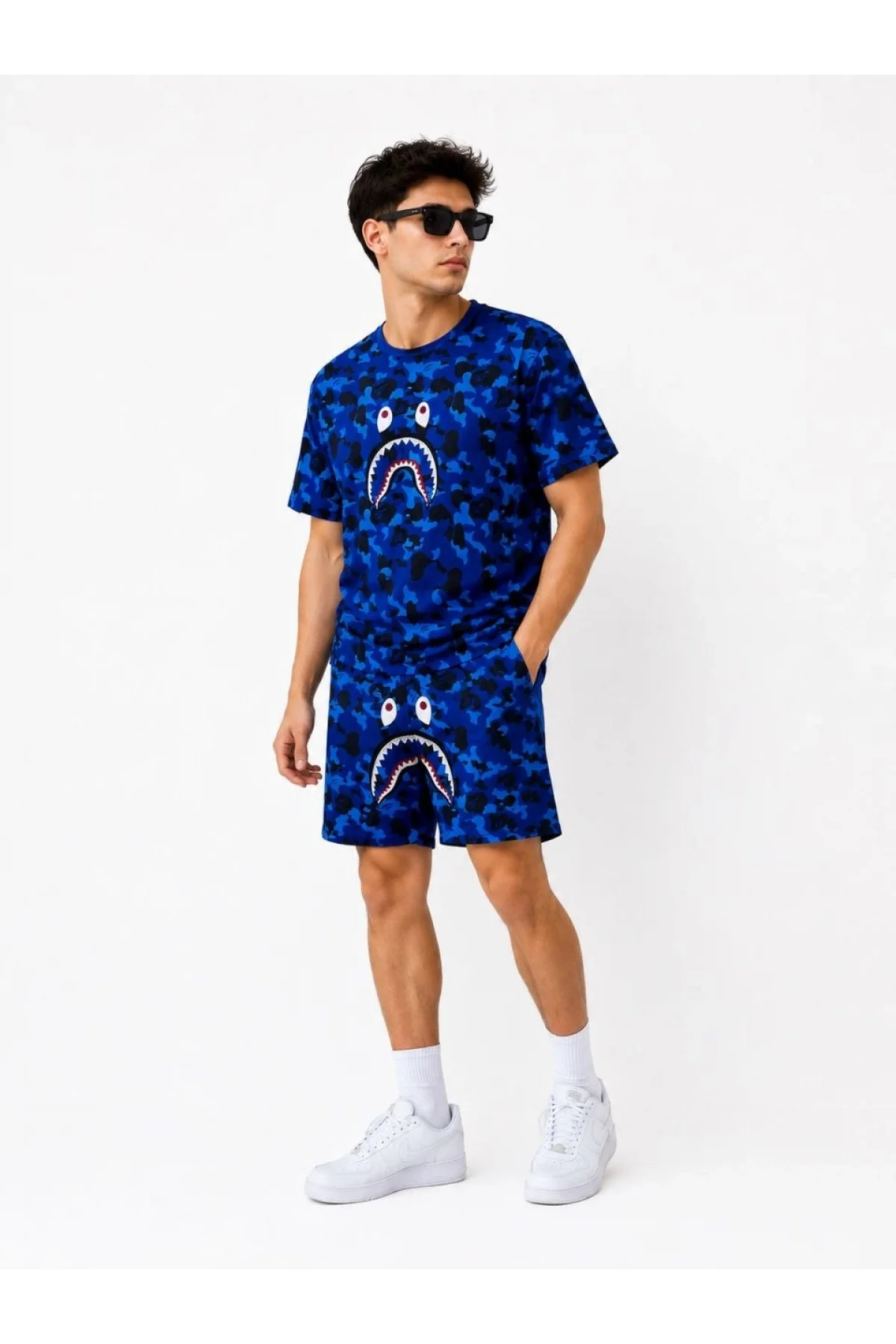 Erkek Oversize Kalıp Pubg Bape X Shark Nakışlı Cepli Şort Takım - Mavi