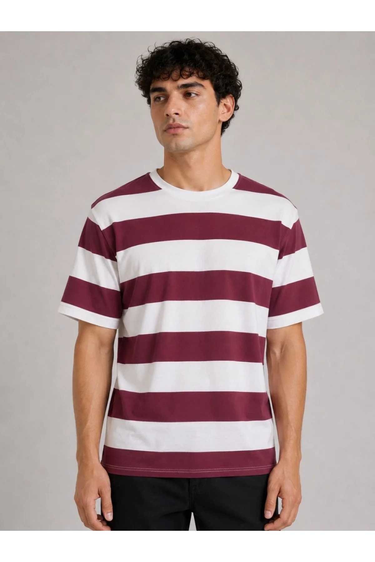 Erkek Çizgili Oversize Tişört Bisiklet Yaka Kısa Kol Yazlık T-Shirt - Bordo