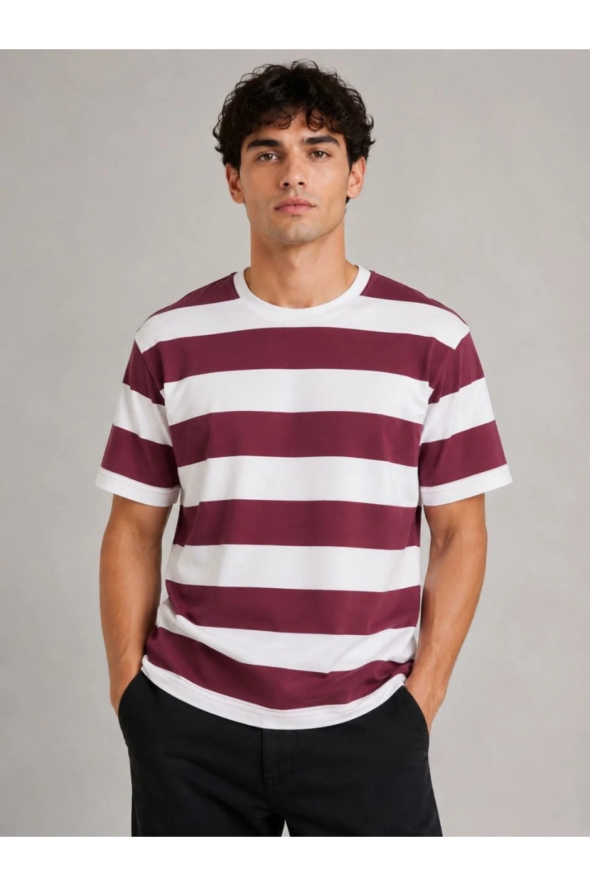 Erkek Çizgili Oversize Tişört Bisiklet Yaka Kısa Kol Yazlık T-Shirt - Bordo