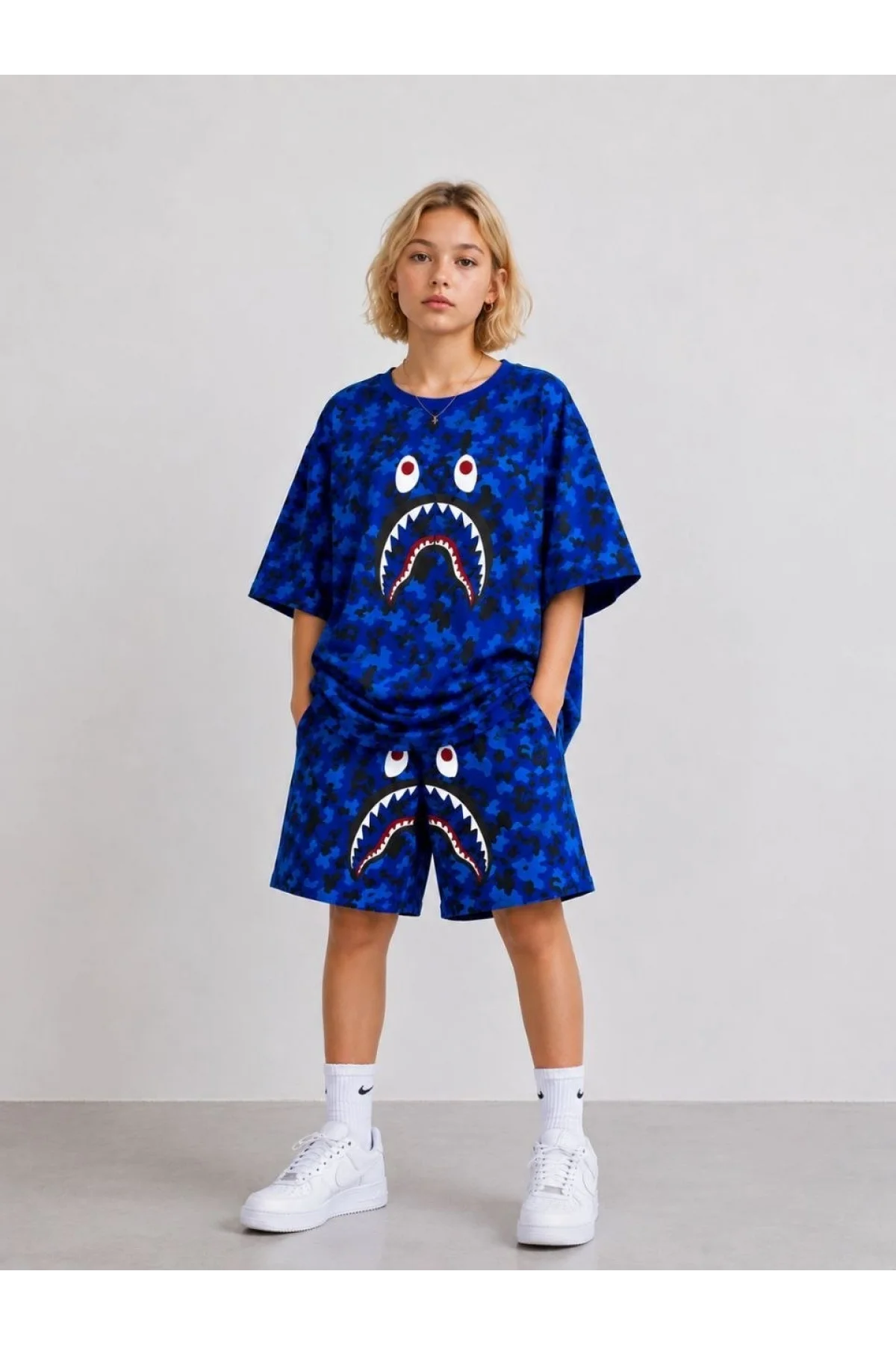 Erkek Çocuk Oversize Kalıp Pubg Bape X Shark Nakışlı Cepli Şort Takım - Siyah
