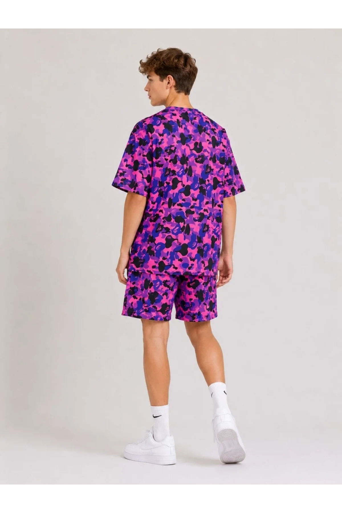 Erkek Çocuk Oversize Kalıp Pubg Bape X Shark Nakışlı Cepli Şort Takım - Mor