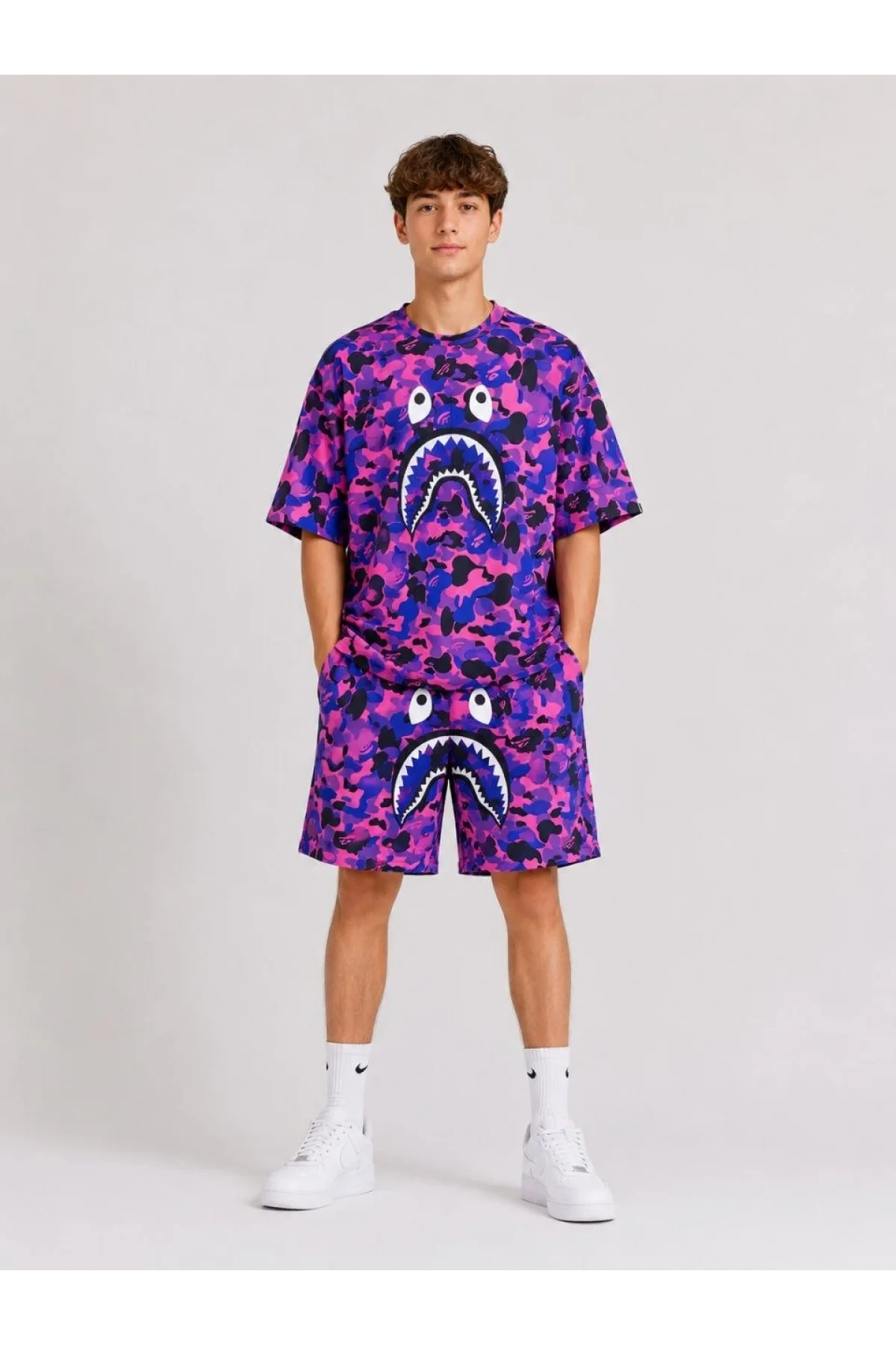Erkek Çocuk Oversize Kalıp Pubg Bape X Shark Nakışlı Cepli Şort Takım - Mor
