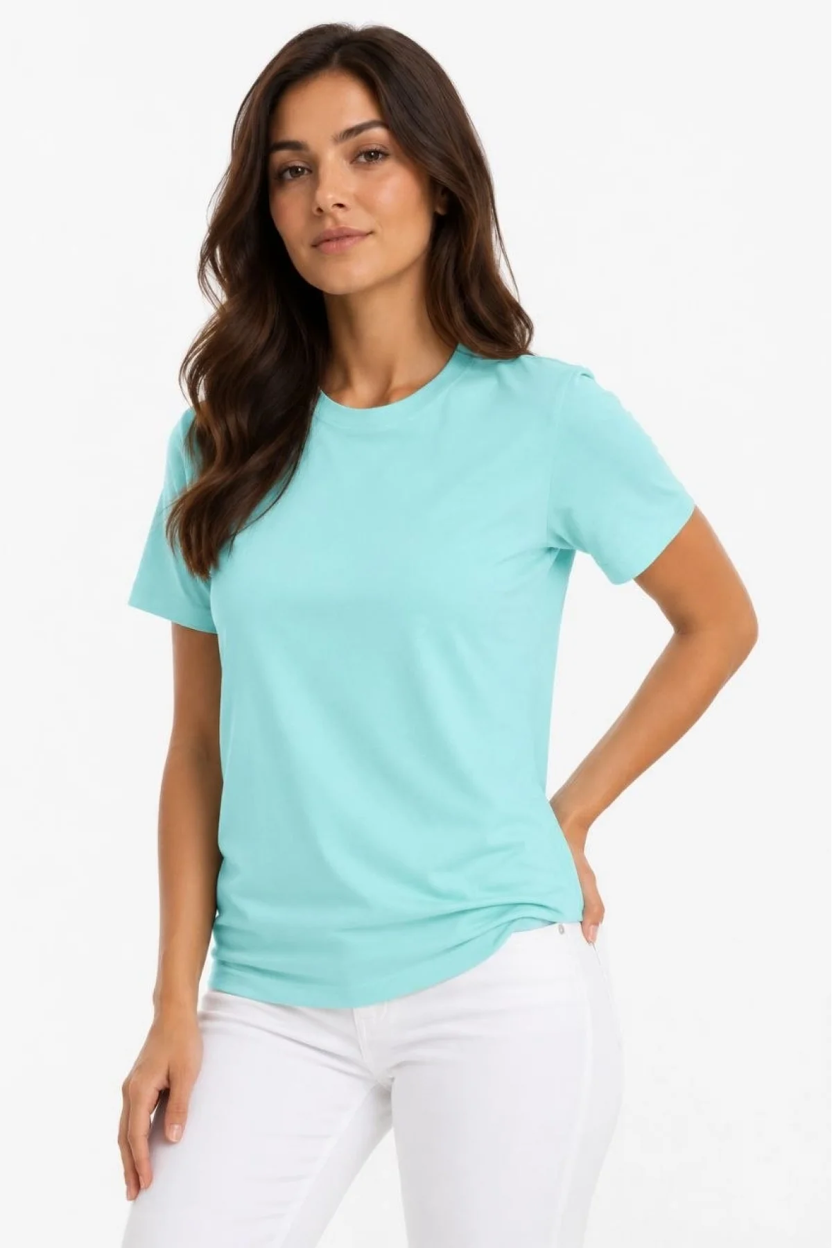 Kadın T-Shirt Bisiklet Yaka Slim Fit Likralı Tişört Günlük Basic Body - Turkuaz