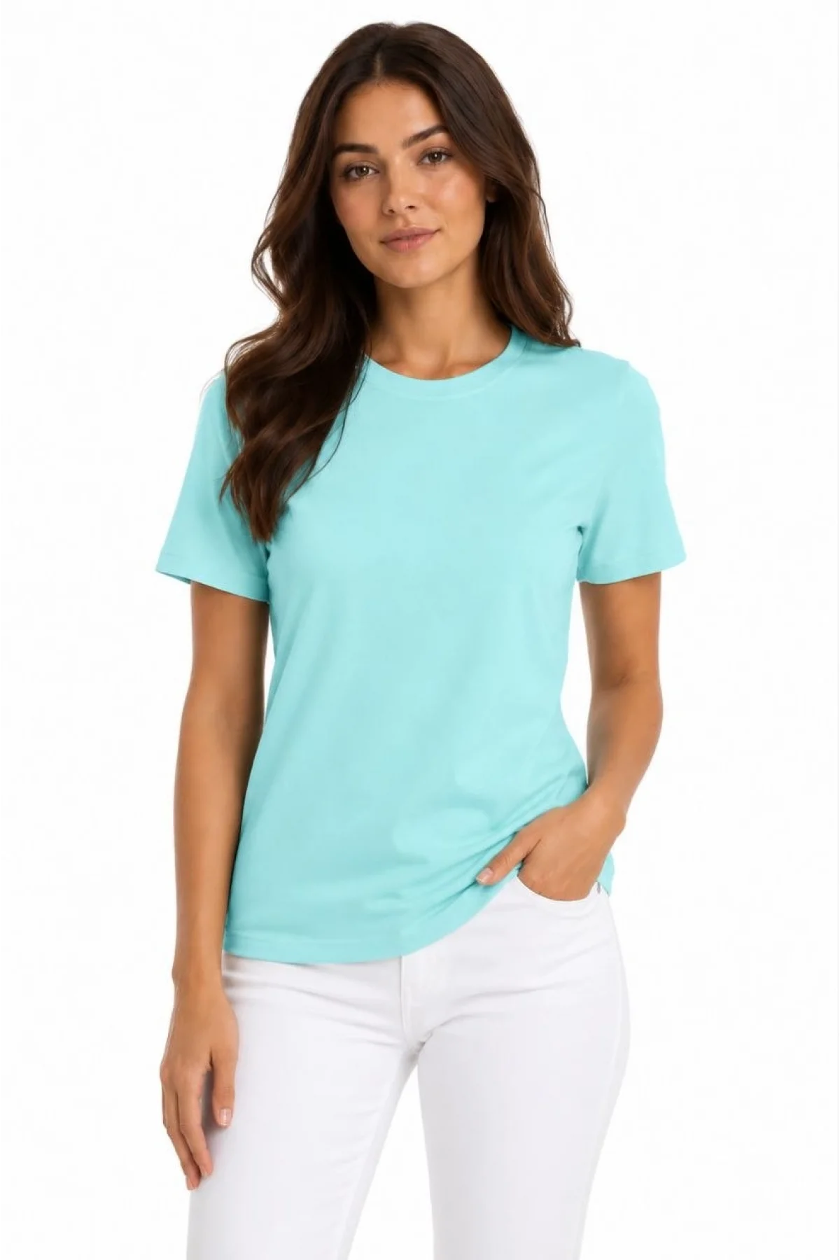 Kadın T-Shirt Bisiklet Yaka Slim Fit Likralı Tişört Günlük Basic Body - Turkuaz