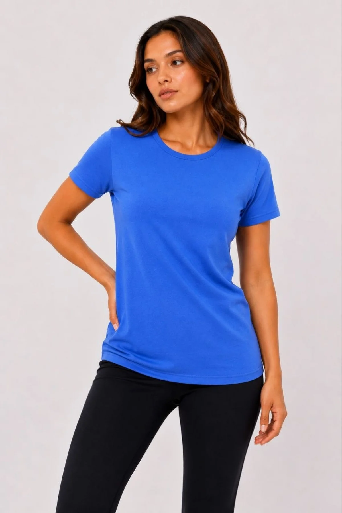 Kadın Basic Tişört Bisiklet Yaka Kısa Kol Günlük Yazlık Slim fit T-Shirt - Mavi