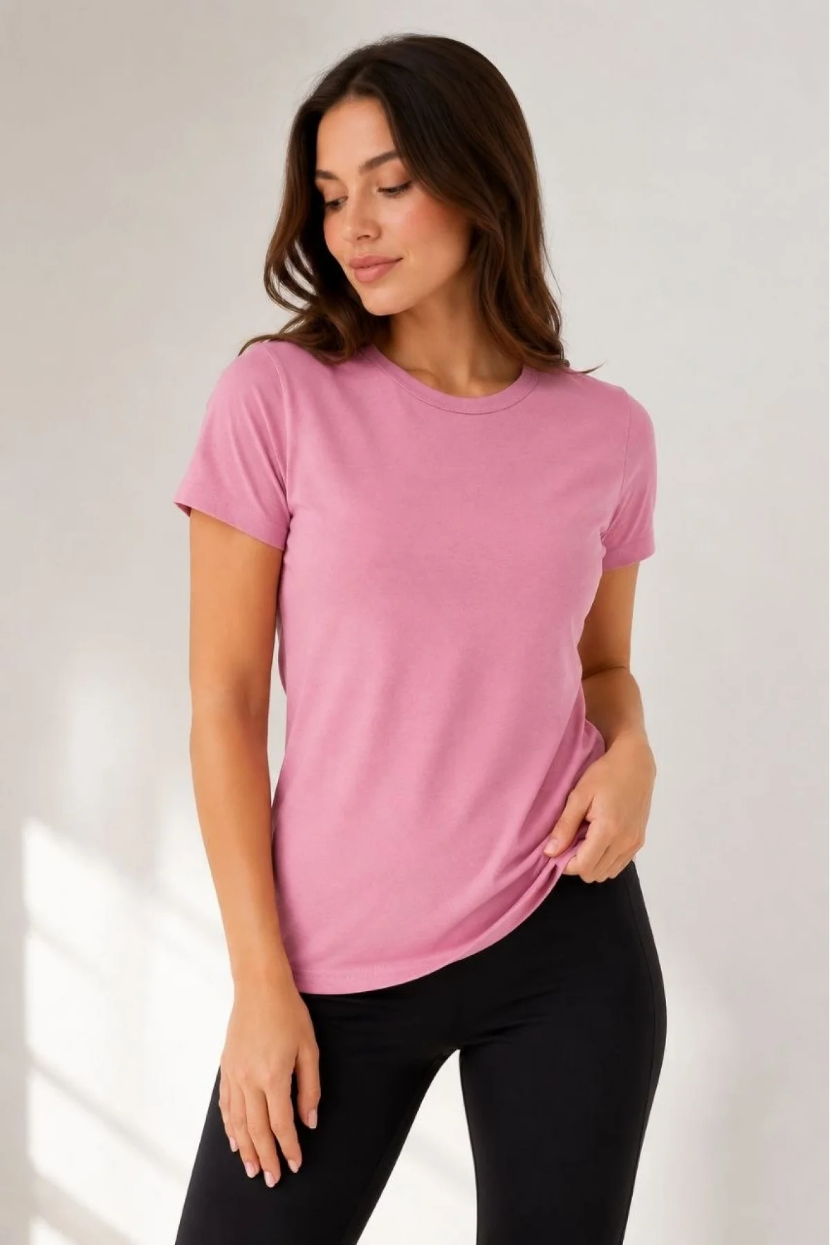 Kadın Basic Tişört Bisiklet Yaka Kısa Kol Günlük Yazlık Slim fit T-Shirt - Pembe