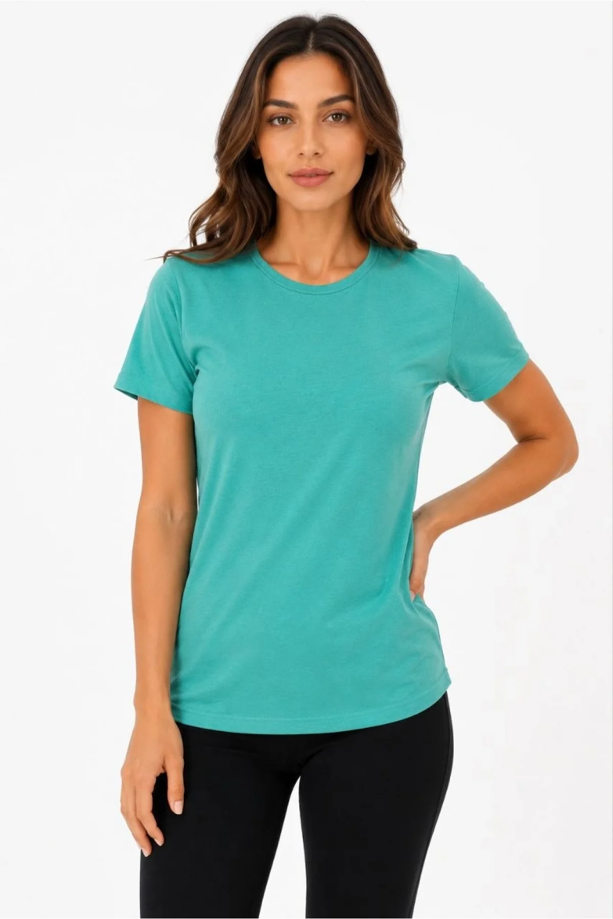 Kadın Basic Tişört Bisiklet Yaka Kısa Kol Günlük Yazlık Slim fit T-Shirt - Su Yeşili