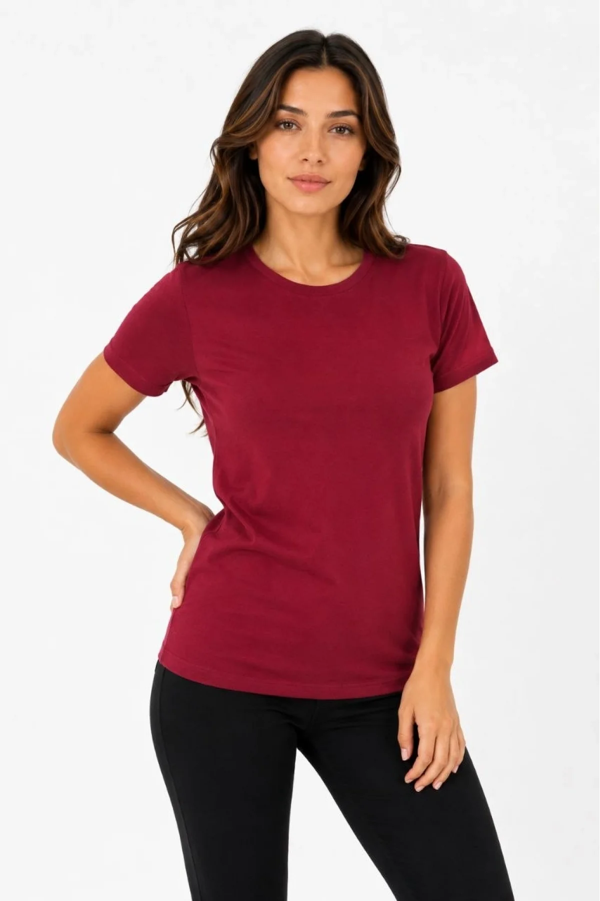 Kadın Basic Tişört Bisiklet Yaka Kısa Kol Günlük Yazlık Slim fit T-Shirt - Bordo