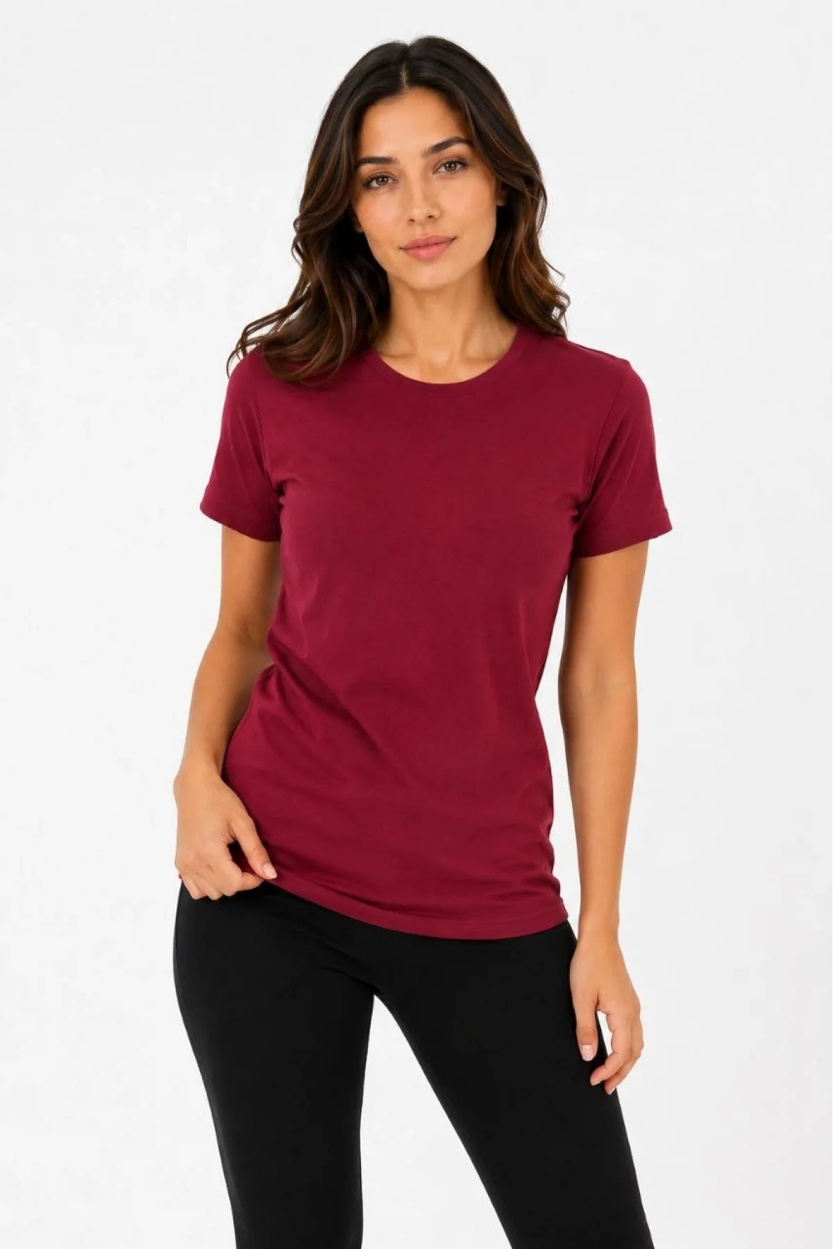 Kadın Basic Tişört Bisiklet Yaka Kısa Kol Günlük Yazlık Slim fit T-Shirt - Bordo
