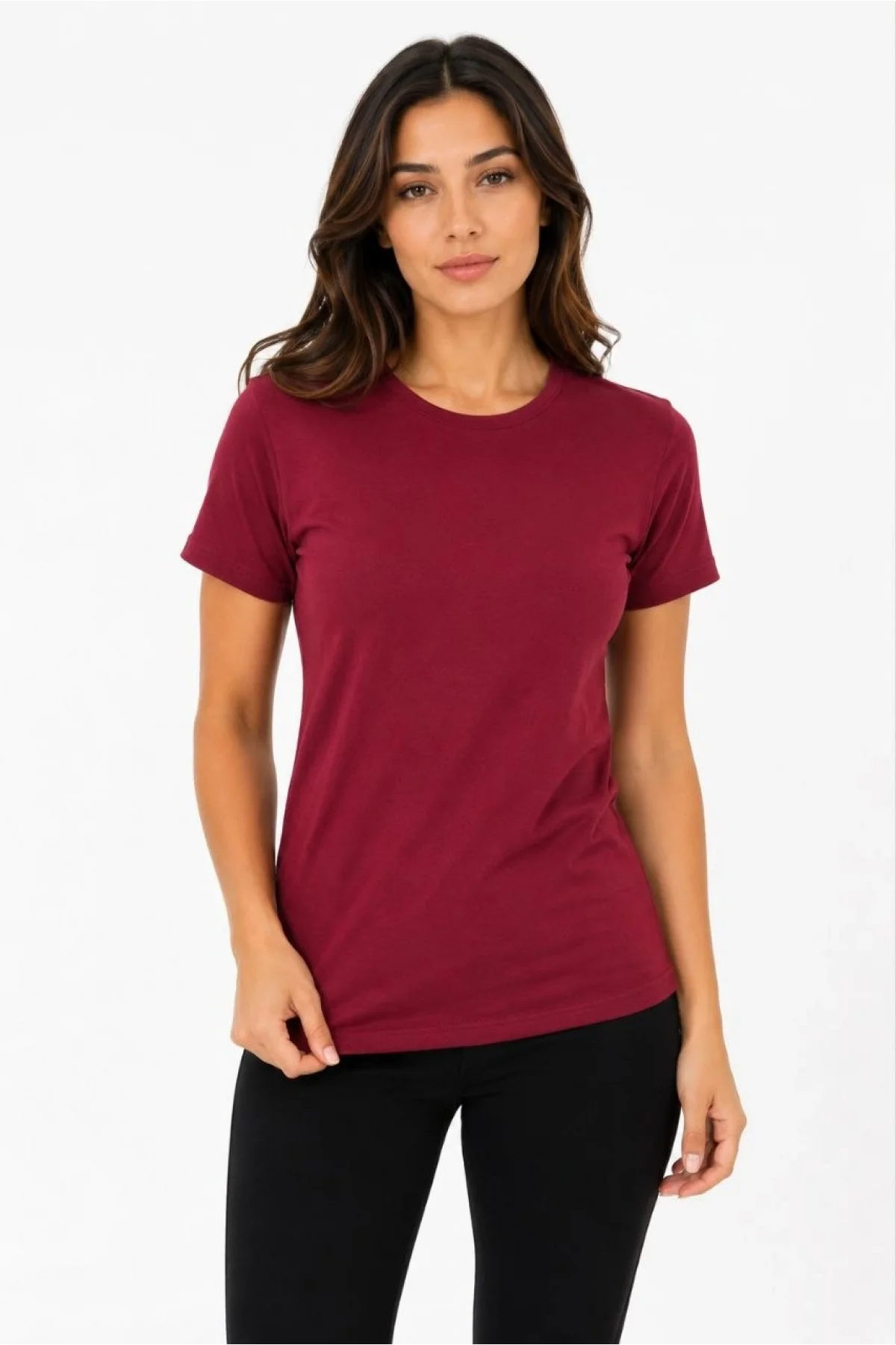 Kadın Basic Tişört Bisiklet Yaka Kısa Kol Günlük Yazlık Slim fit T-Shirt - Bordo