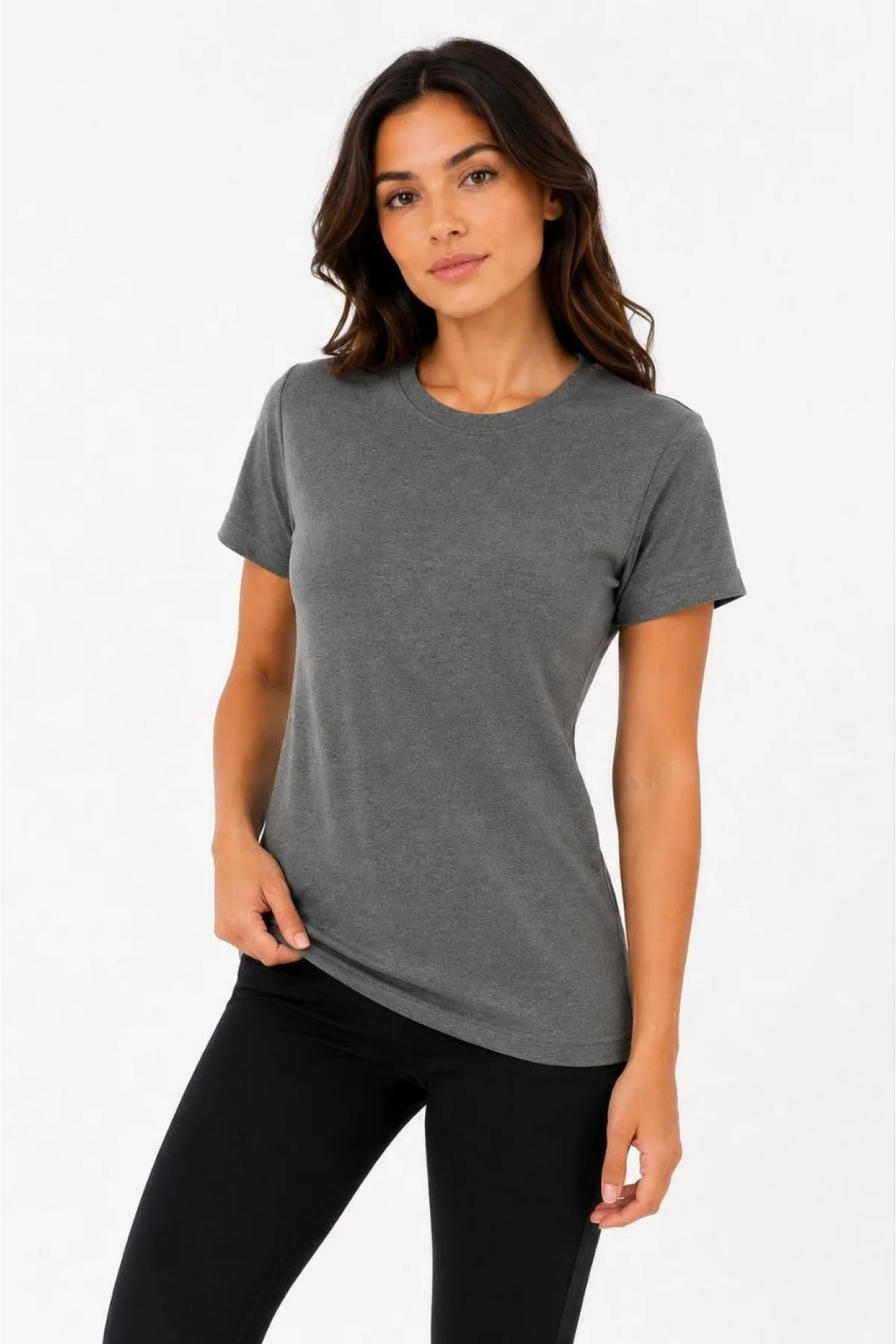 Kadın Basic Tişört Bisiklet Yaka Kısa Kol Günlük Yazlık Slim fit T-Shirt - Antrasit
