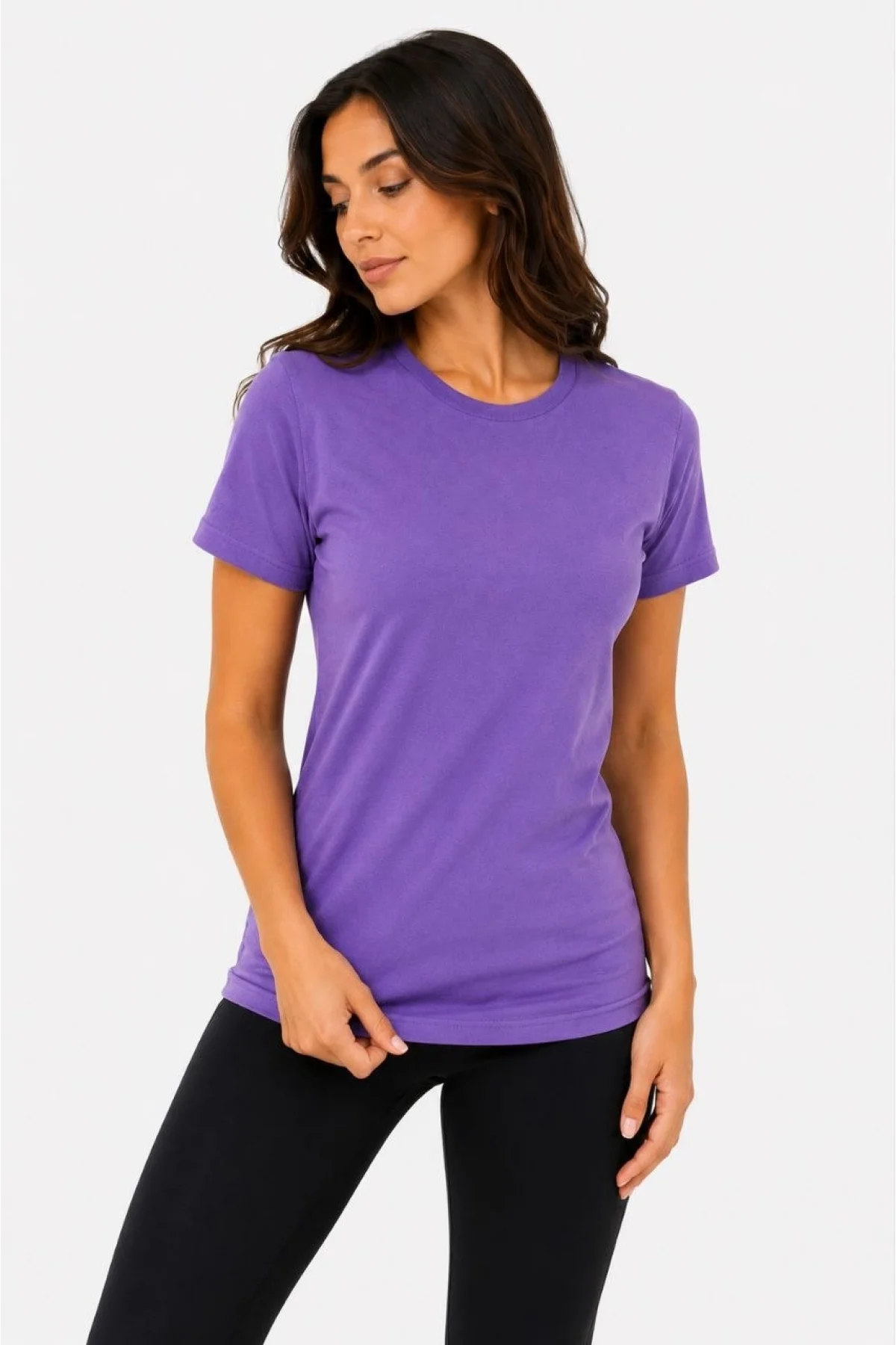 Kadın Basic Tişört Bisiklet Yaka Kısa Kol Günlük Yazlık Slim fit T-Shirt - Mor