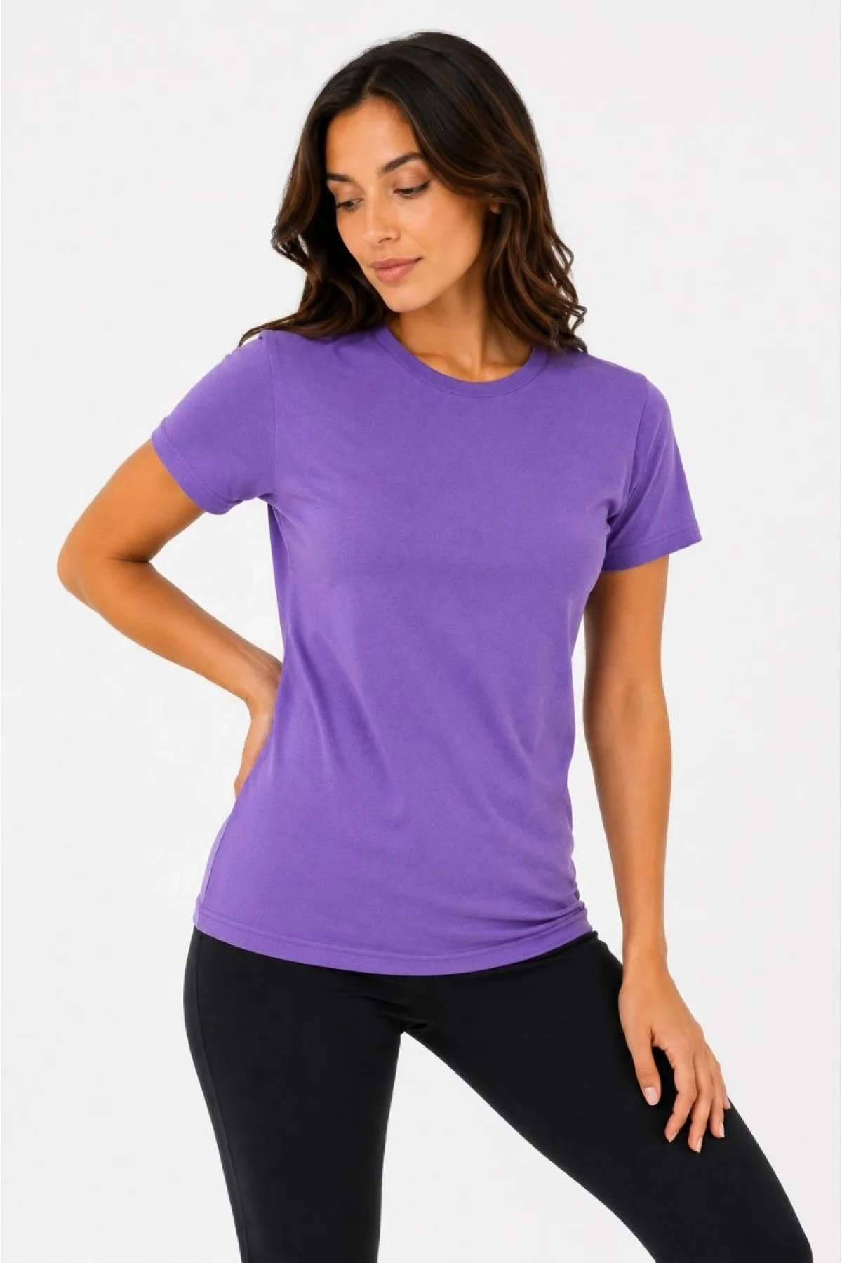 Kadın Basic Tişört Bisiklet Yaka Kısa Kol Günlük Yazlık Slim fit T-Shirt - Mor