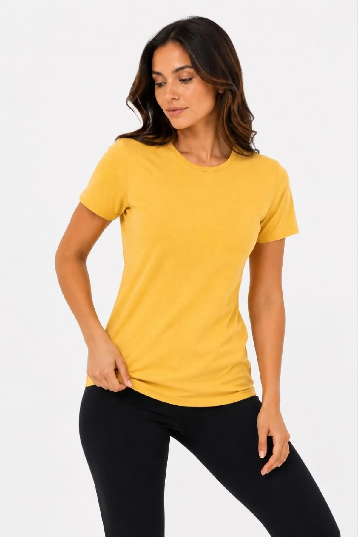 Kadın Basic Tişört Bisiklet Yaka Kısa Kol Günlük Yazlık Slim fit T-Shirt - Sarı