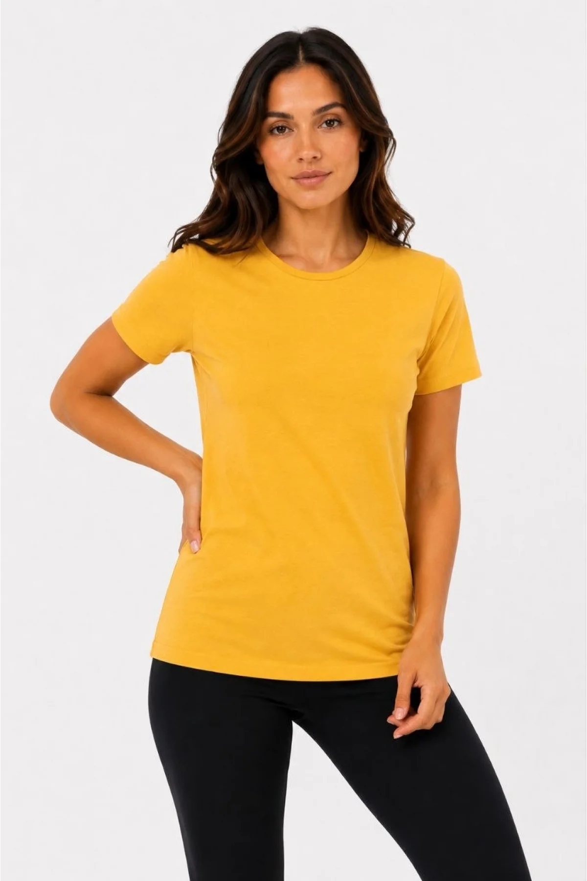 Kadın Basic Tişört Bisiklet Yaka Kısa Kol Günlük Yazlık Slim fit T-Shirt - Sarı