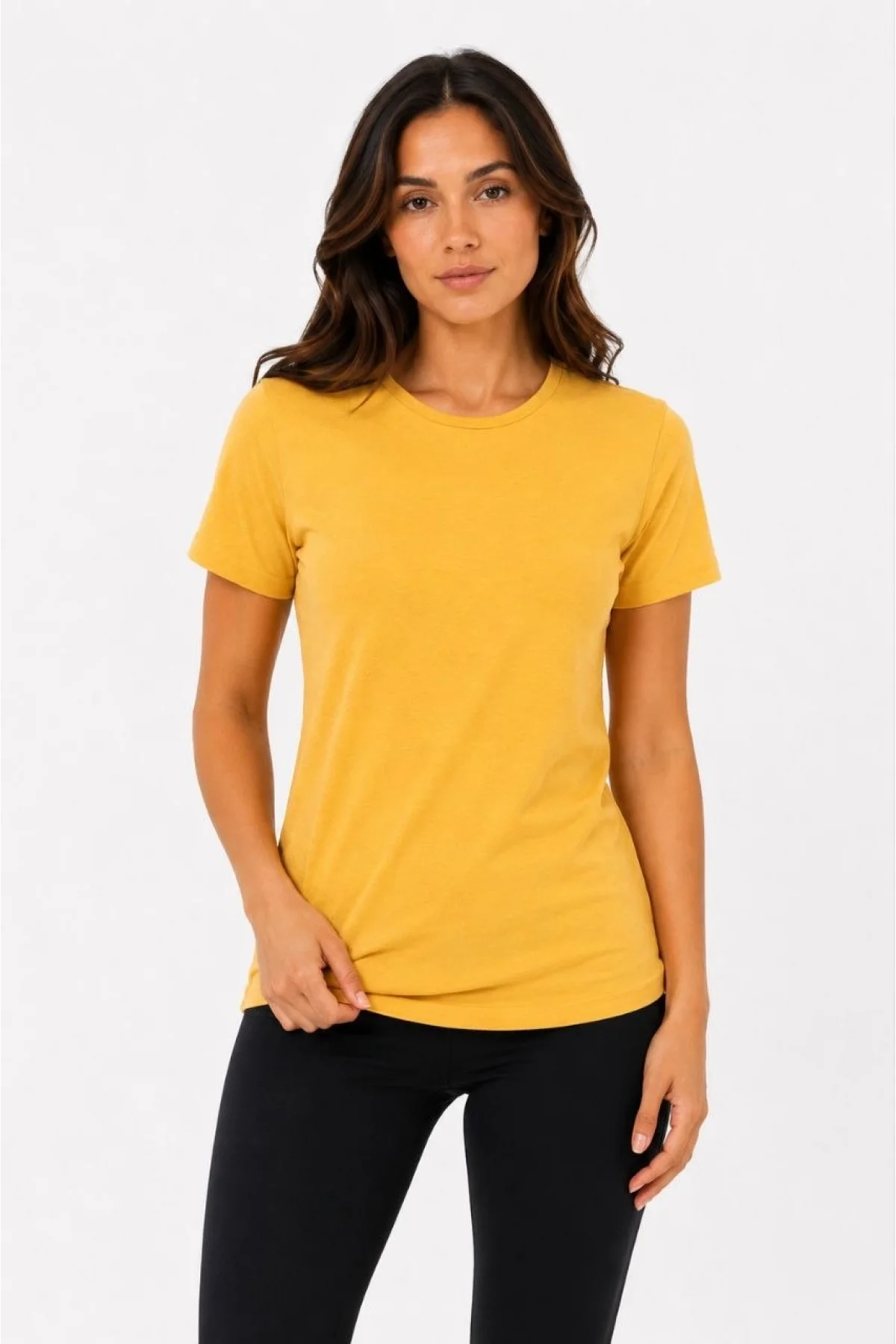Kadın Basic Tişört Bisiklet Yaka Kısa Kol Günlük Yazlık Slim fit T-Shirt - Sarı