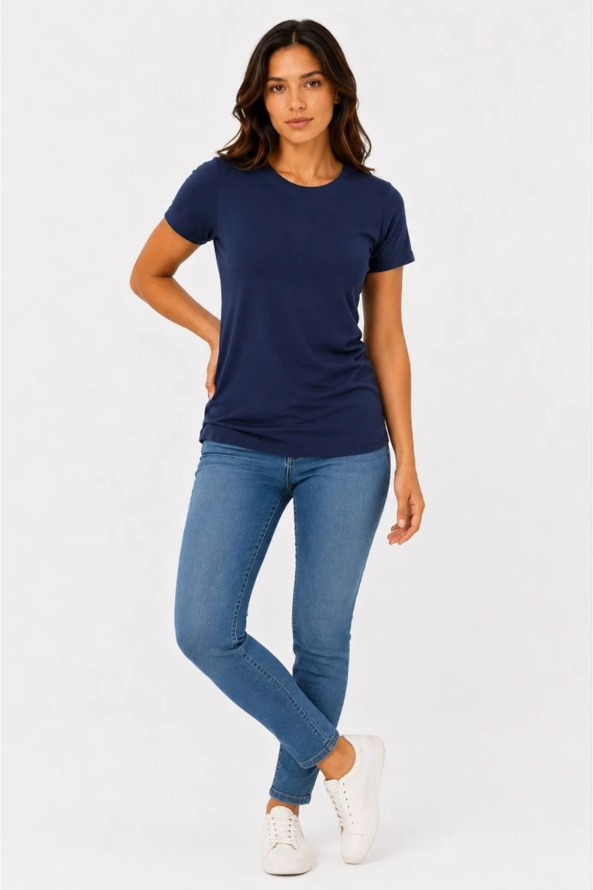 Kadın Basic Tişört Bisiklet Yaka Kısa Kol Günlük Yazlık Slim fit T-Shirt - Lacivert