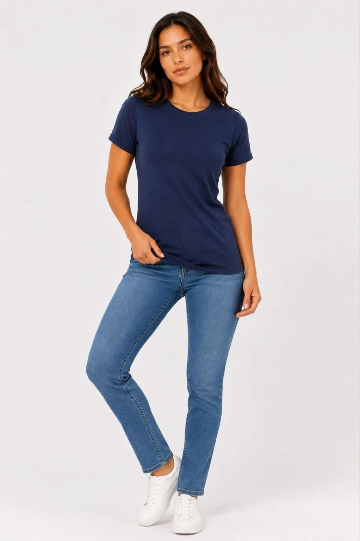 Kadın Basic Tişört Bisiklet Yaka Kısa Kol Günlük Yazlık Slim fit T-Shirt - Lacivert