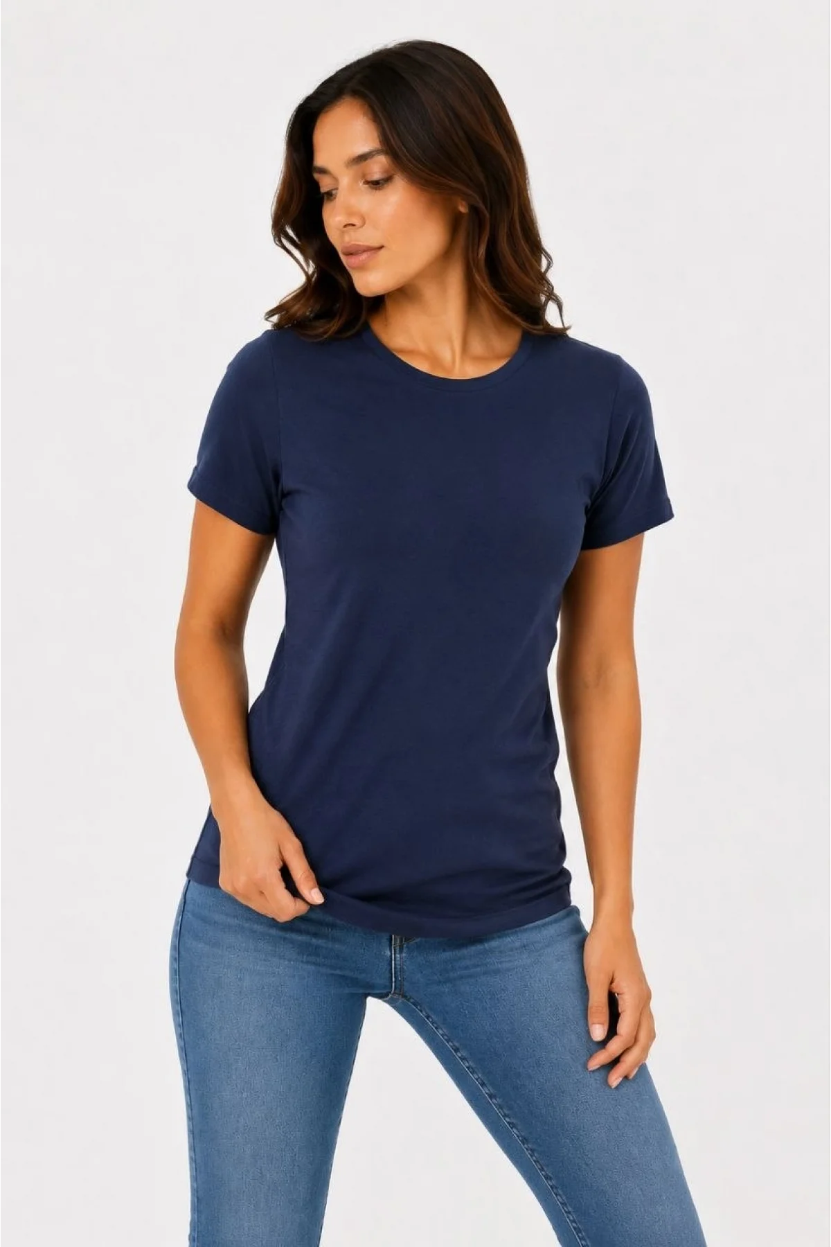 Kadın Basic Tişört Bisiklet Yaka Kısa Kol Günlük Yazlık Slim fit T-Shirt - Lacivert