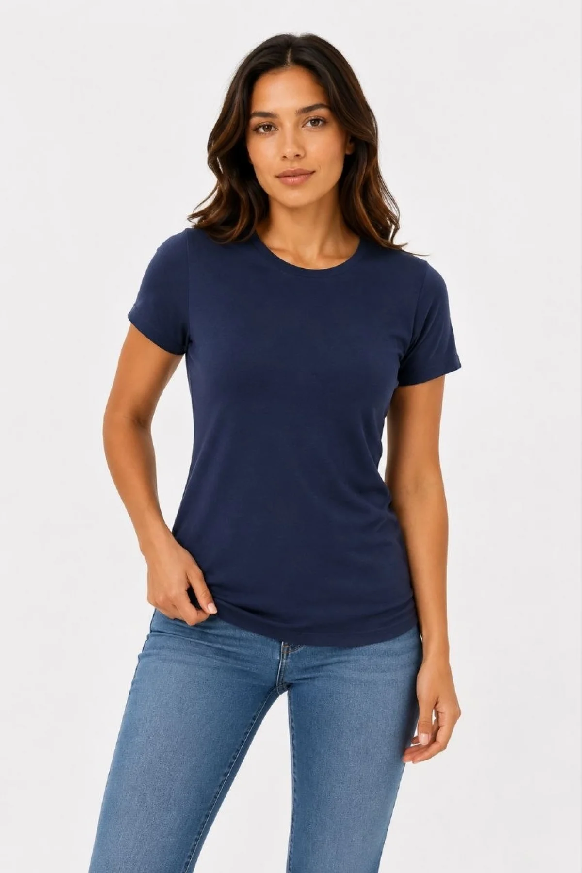 Kadın Basic Tişört Bisiklet Yaka Kısa Kol Günlük Yazlık Slim fit T-Shirt - Lacivert
