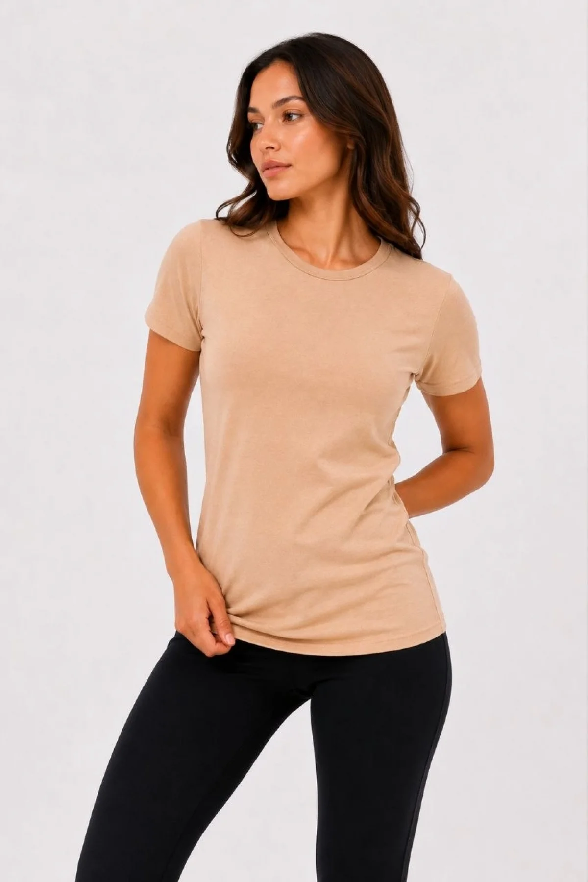 Kadın Basic Tişört Bisiklet Yaka Kısa Kol Günlük Yazlık Slim fit T-Shirt - Bej