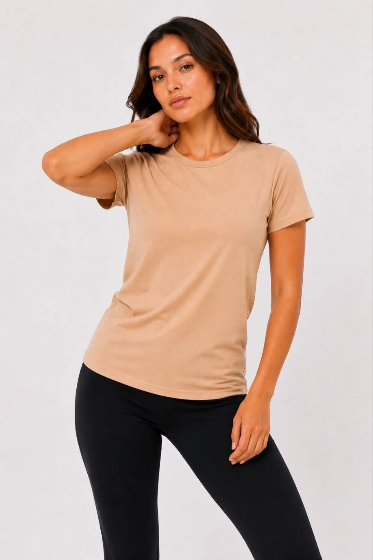 Kadın Basic Tişört Bisiklet Yaka Kısa Kol Günlük Yazlık Slim fit T-Shirt - Bej
