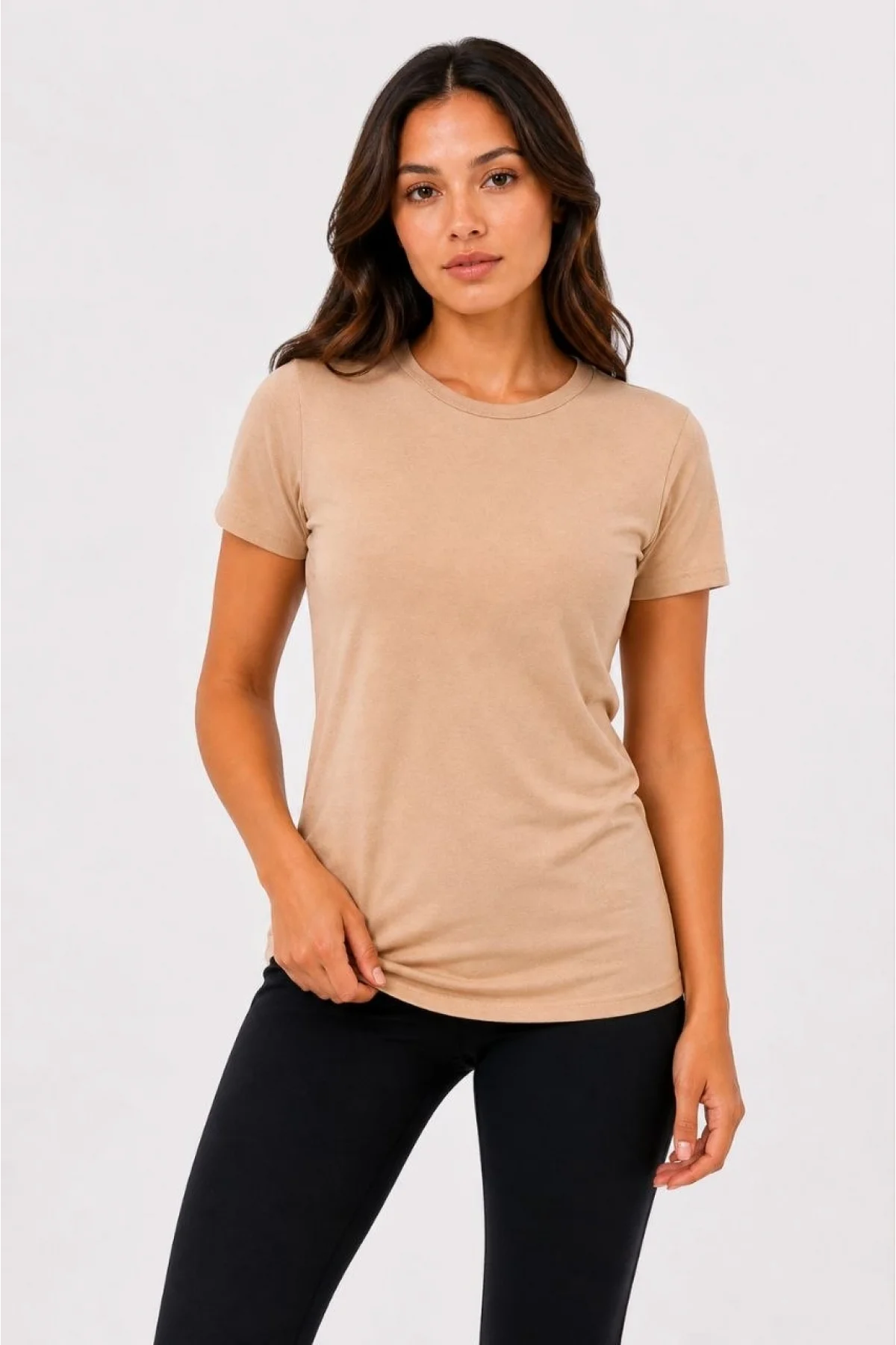 Kadın Basic Tişört Bisiklet Yaka Kısa Kol Günlük Yazlık Slim fit T-Shirt - Bej